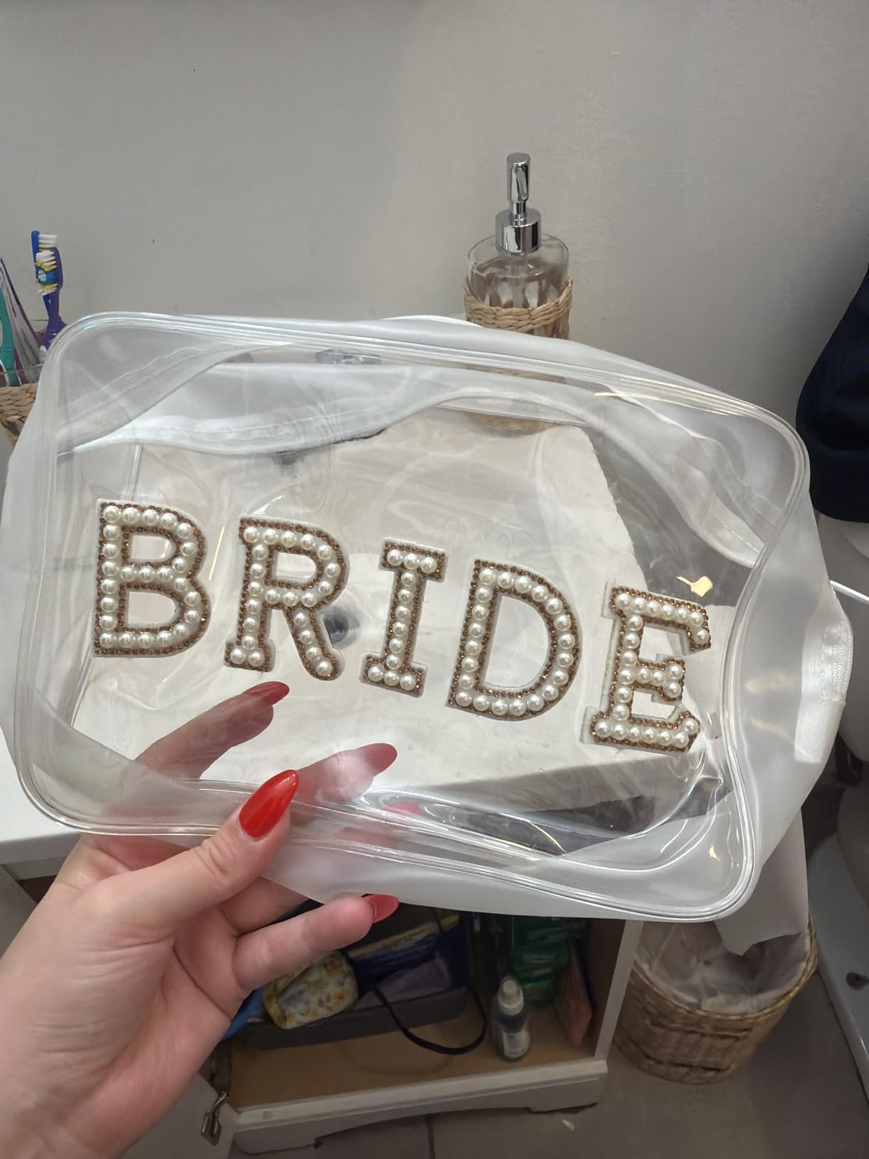 Etercycle Bride Clear Makeup Bag, Bridal Shower Gifts Engagement Cosmetic Bag, Bling Pearl Rhinestone Letter Patches Waterproof PVC Travel Organizer for Women Wedding Bachelorette Party (Gold) customer photo 1