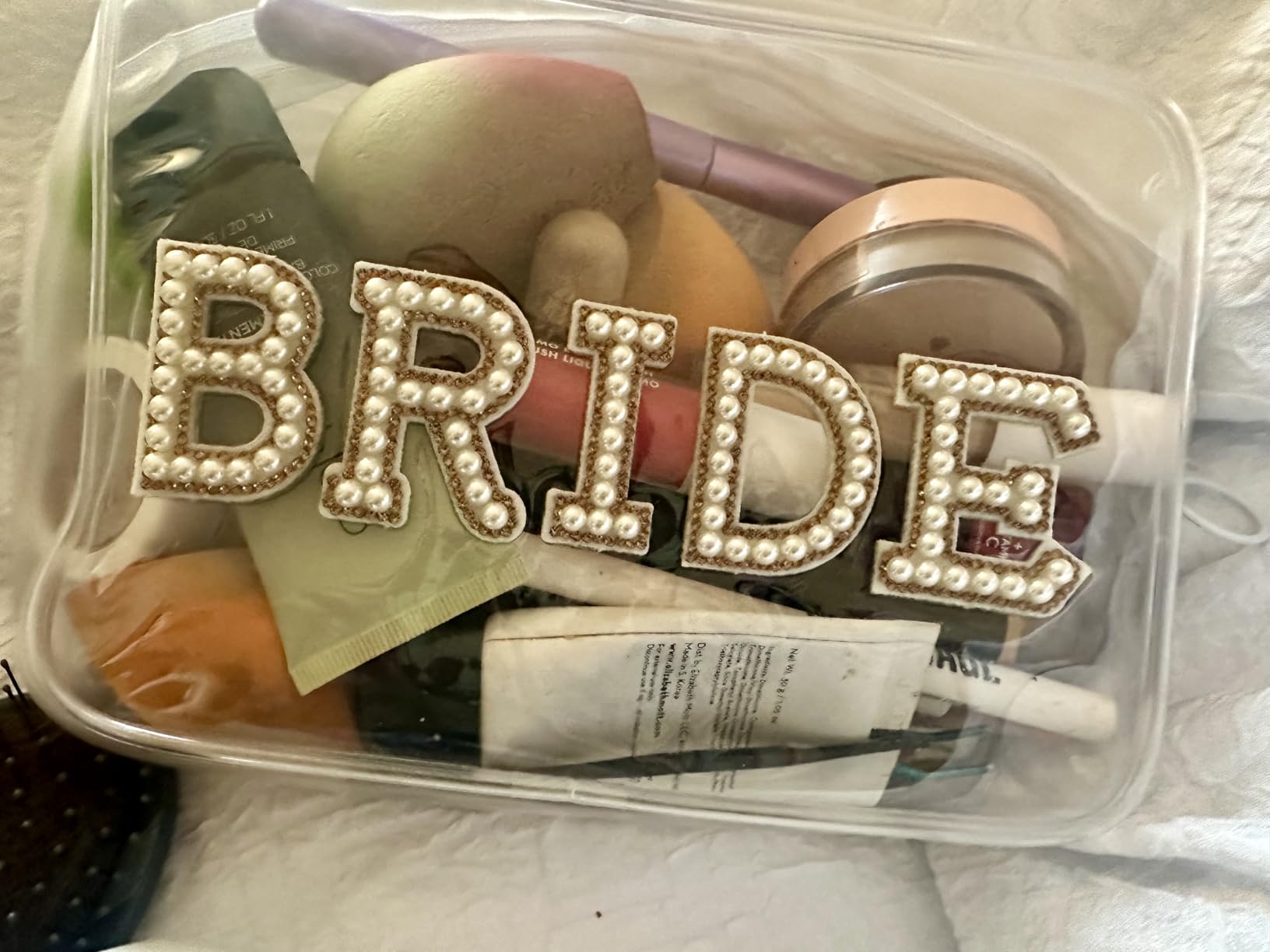 Etercycle Bride Clear Makeup Bag, Bridal Shower Gifts Engagement Cosmetic Bag, Bling Pearl Rhinestone Letter Patches Waterproof PVC Travel Organizer for Women Wedding Bachelorette Party (Gold) customer photo 2