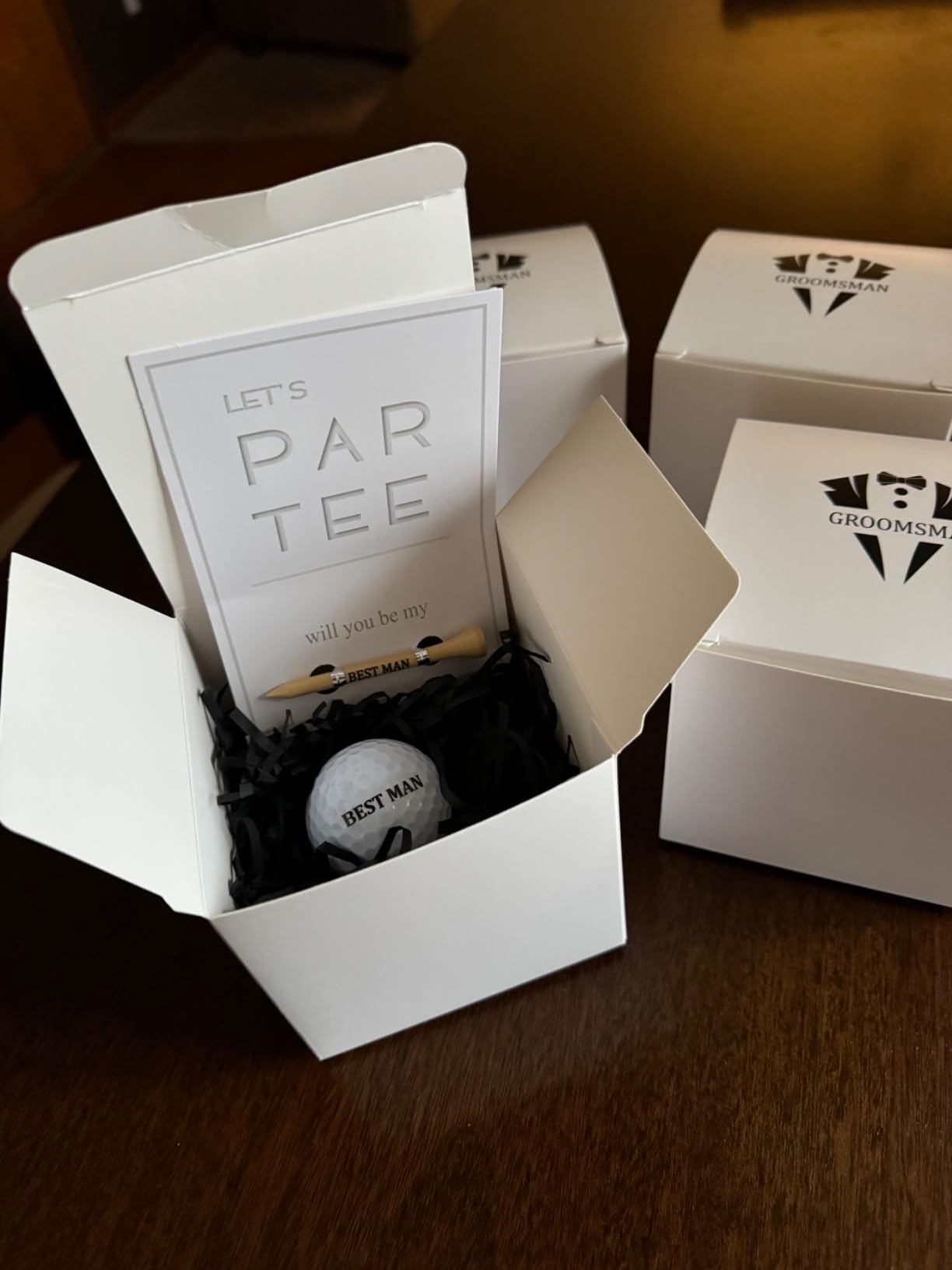 WinnerWhy 6 Sets Groomsman Proposal Gift Box With Golf Ball, Bamboo Tees, Invitation Cards - Accessories for Wedding, Best Men, DIY - Black, White customer photo 1
