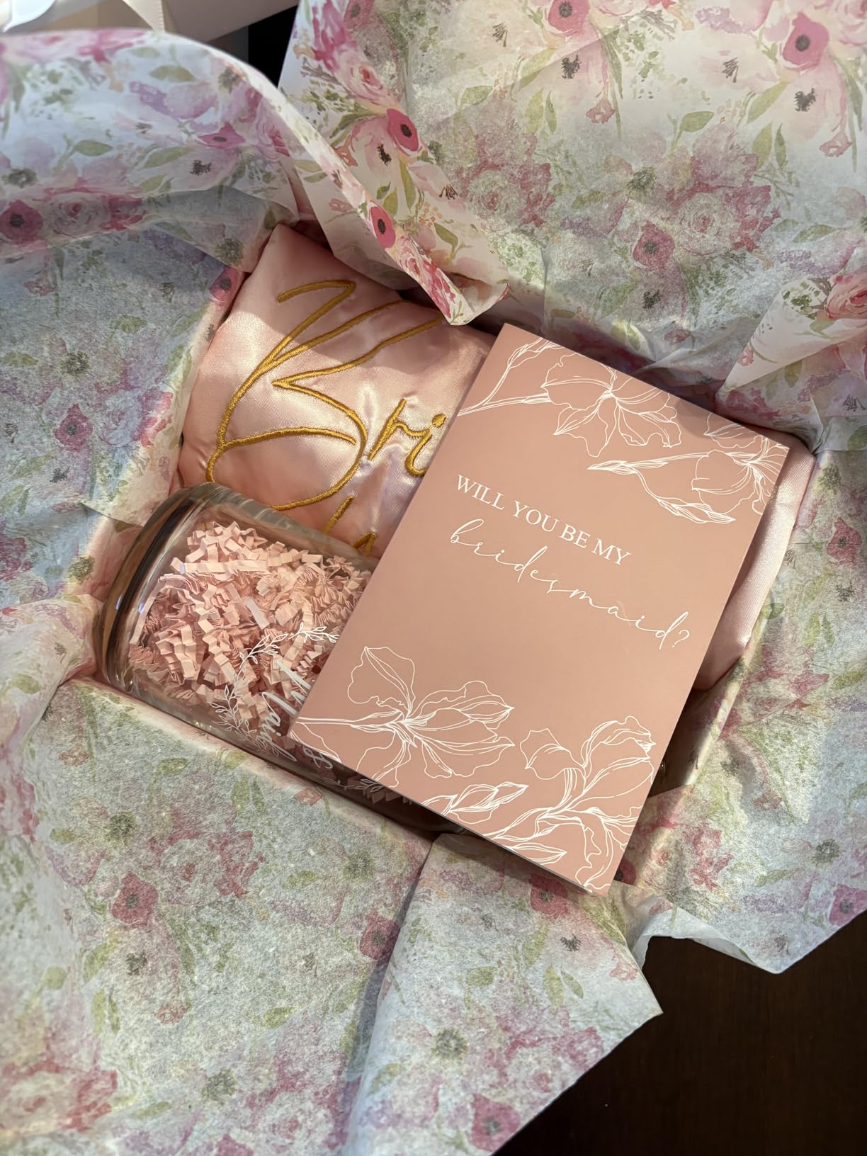 Irenare 8 Pcs Bridesmaid Proposal Gifts Set with Box, Champagne | Will You Be My Bridesmaid Card, with Robe Makeup Bag Cup Hair Tie Bracelet Diamond Pen Box customer photo 2