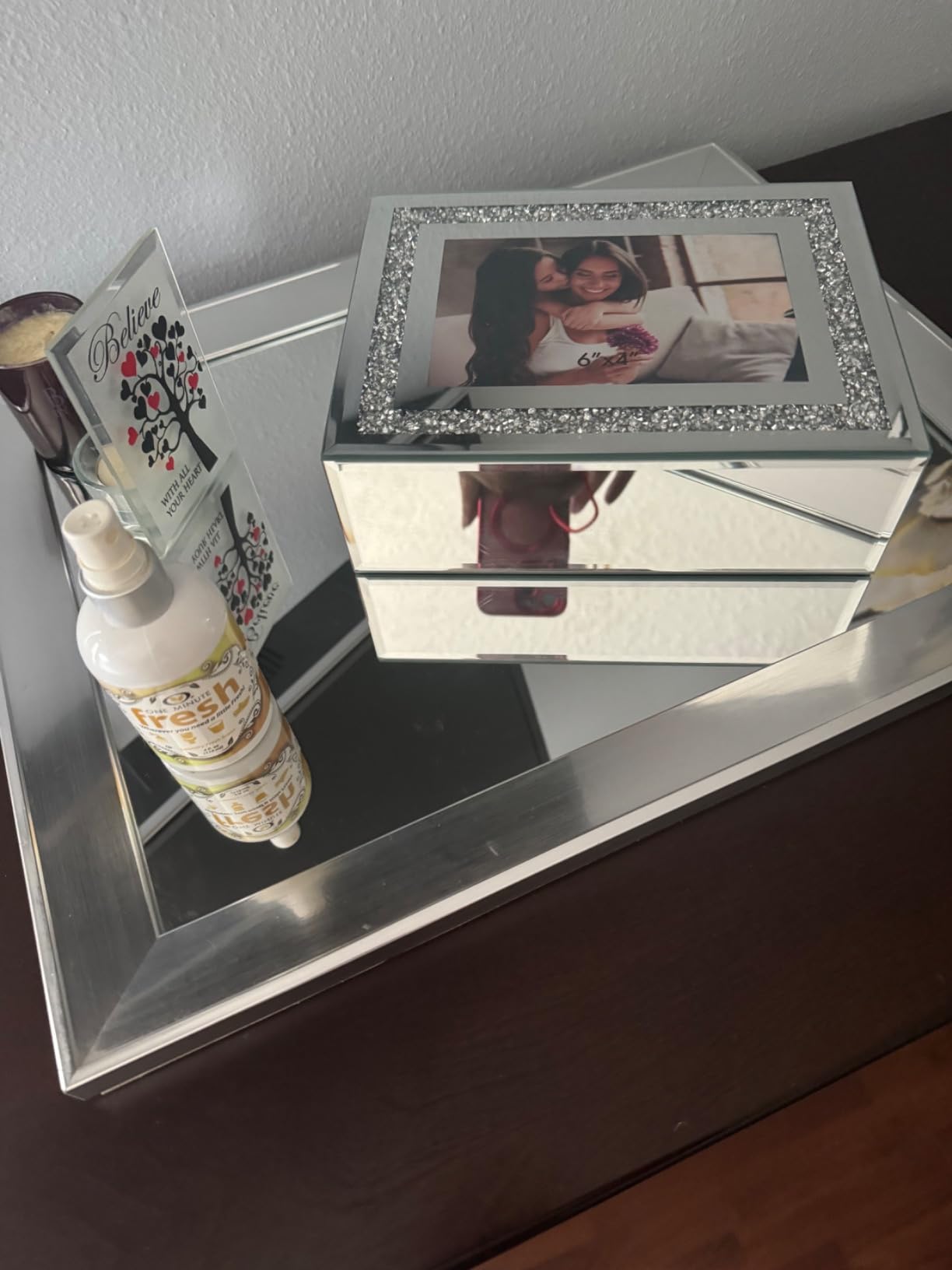 QMDECOR Mirrored Jewelry Box with 4x6 Photo, Diamond Silver Glass Organizer | Sparkling jewelry box with 4x6 photo. Perfect for storing rings, necklaces on vanity tables. Ideal for women, brides, and mom customer photo 1