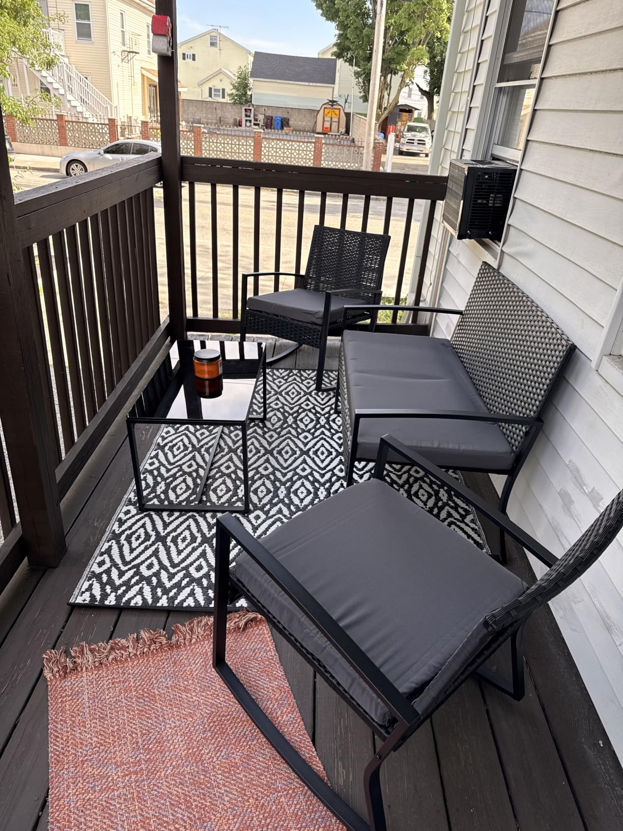 Ahomly 4 Piece Outdoor Patio Furniture Set, Wicker Patio Furniture with Glass Coffee Table, Rocking Wicker Bistro Set, for Backyard, Poolside, Porch (Grey) customer photo 1