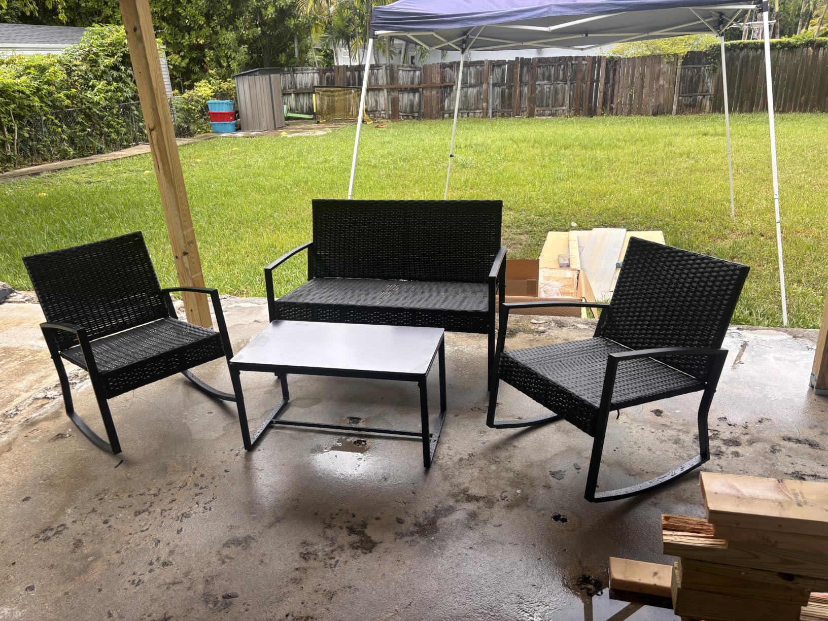 Ahomly 4 Piece Outdoor Patio Furniture Set, Wicker Patio Furniture with Glass Coffee Table, Rocking Wicker Bistro Set, for Backyard, Poolside, Porch (Grey) customer photo 2