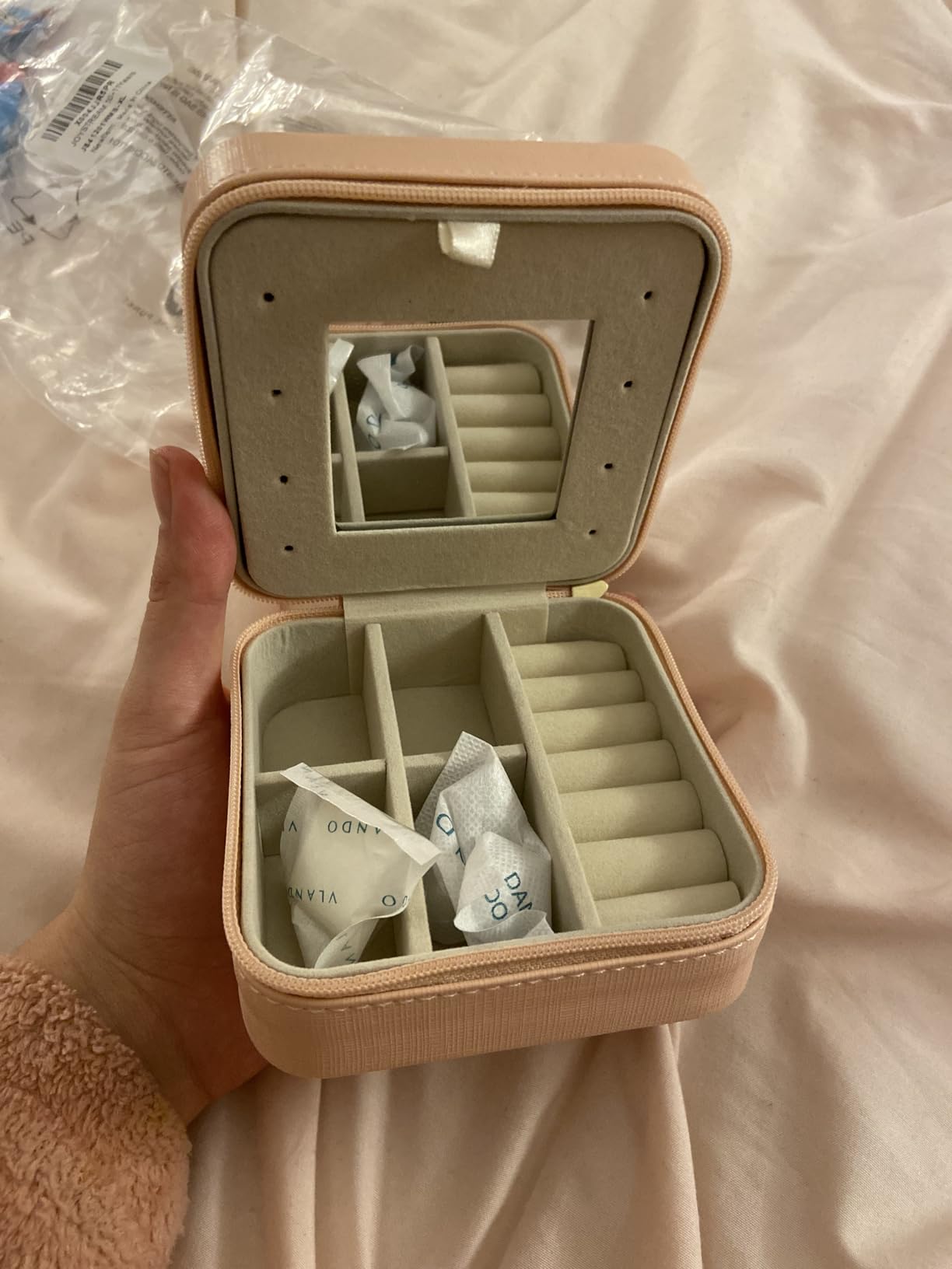 VLANDO Bridesmaid Gifts - Small Travel Jewelry Box Organizer - Wedding Gifts for Girls Women Rings Earrings Necklaces Storage with Mirror - Milky White customer photo 2