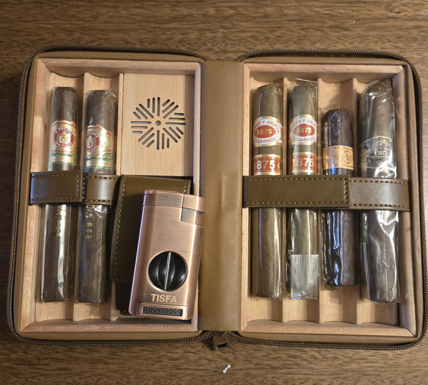 TISFA Cigar Case, Leather Cigar Humidor with Cigar Lighter, V Cut Cigar Cutter, Cigar Holder 3 in 1, Portable Cedar Wood Cigar Box with Humidifier Hygrometer, Cigar Accessories Gifts (Embossed Brown) customer photo 1
