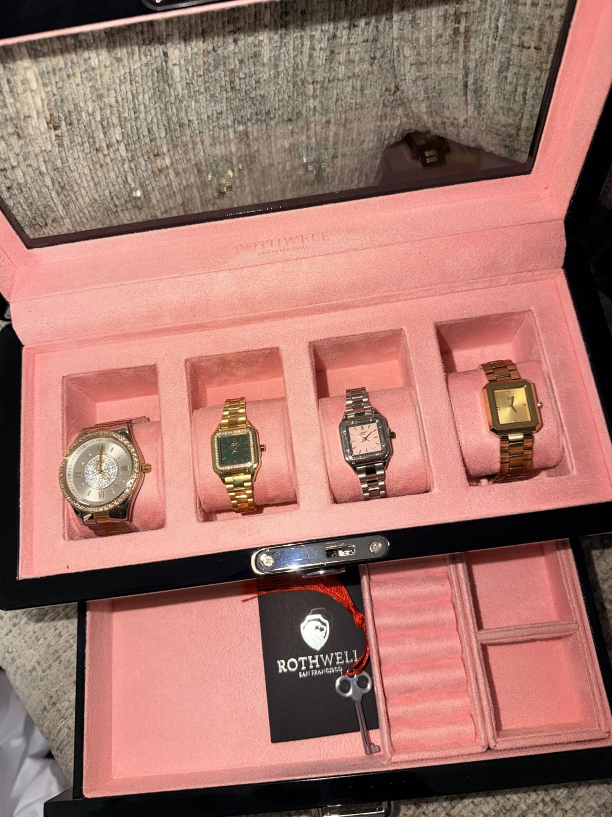 ROTHWELL 4 Slot Leather Watch Box with Valet Drawer - Luxury Case Display Jewelry Organizer, Locking Display Case Holder with Real Glass Top - Watch Box Organizer for Men & Women (Tan) customer photo 2
