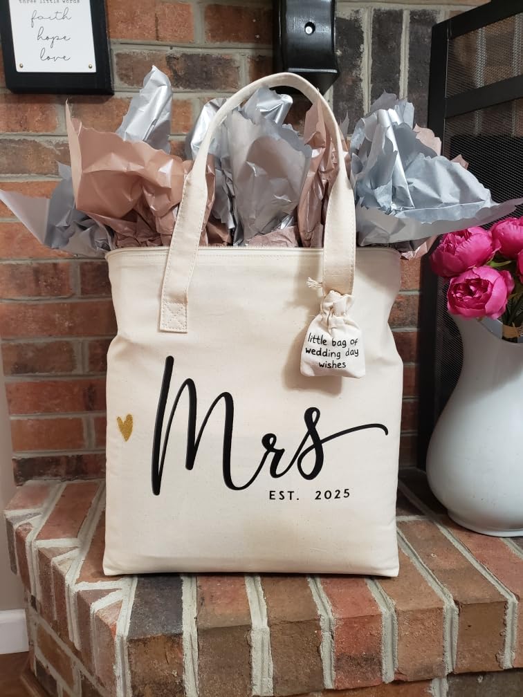 CARAKNOTS Bridal Shower Gifts, Mrs Tote Bag for Bride 2026, Cotton, Zipper | Large Bridal Bag with Top Zipper & Pocket, Wedding Essentials, Future Mrs Gift, Bachelorette, Getting Ready, Honeymoon Beach customer photo 1