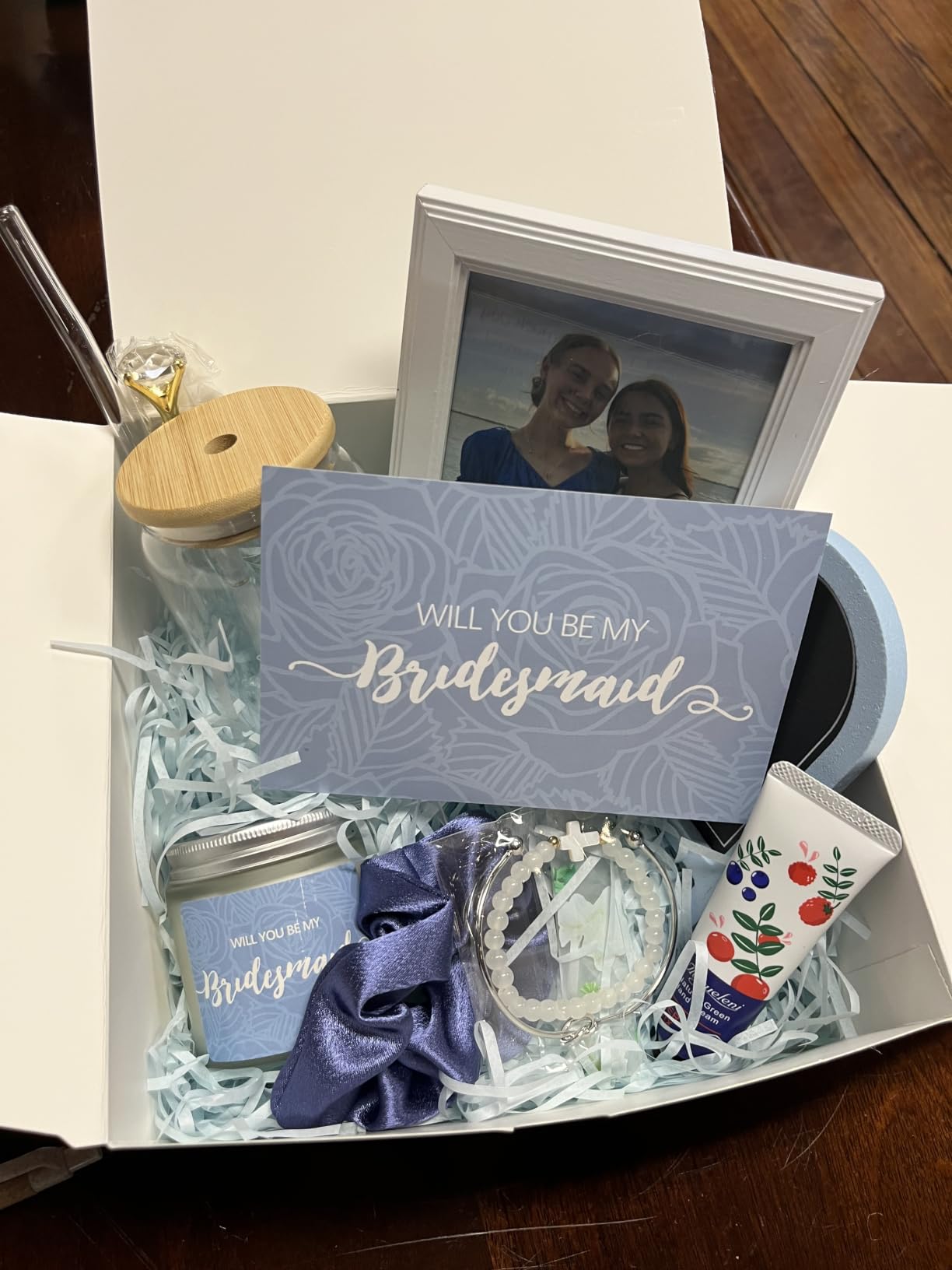 Teenyyou 60 Pcs Bridesmaid Proposal Gifts Bridesmaid Box Set, Maid of Honor Gifts Include Box Glass Cup Candle Cards Hair Ties Knotted Bracelets Hand Cream Diamond Pens(Light Gold) customer photo 1