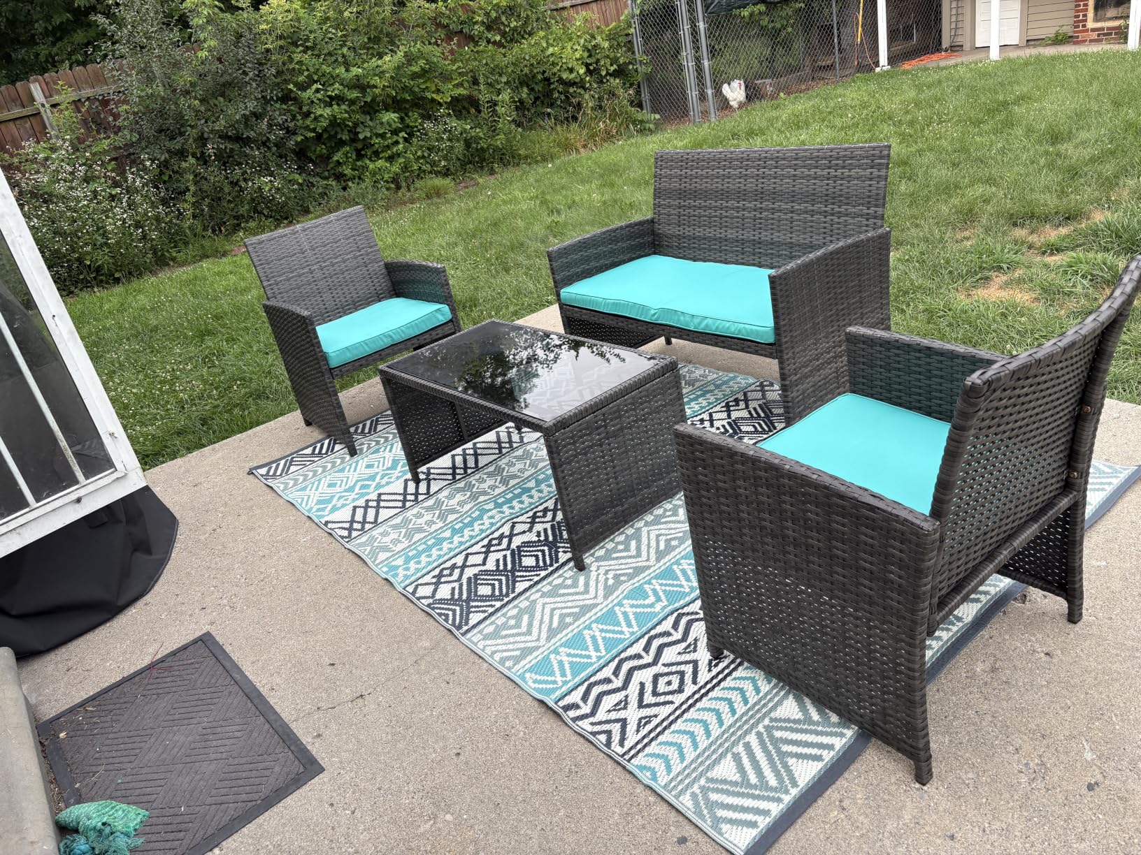 4 Piece Patio Rattan Set Outdoor Furniture Set Wicker Conversation Sets with Cushions and Tempered Glass Tabletop, Blue customer photo 1