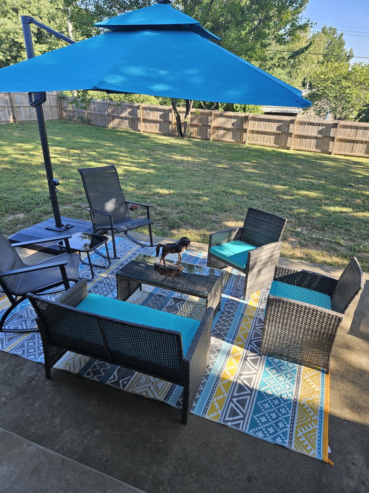 4 Piece Patio Rattan Set Outdoor Furniture Set Wicker Conversation Sets with Cushions and Tempered Glass Tabletop, Blue customer photo 2
