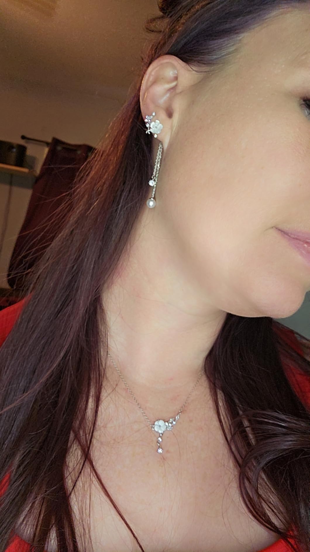 Dangle Pearl Drop Earrings For Women Trendy Long Threader Chain Dainty Flower Wedding Earrings For Brides CZ Cute 14K Gold Statement Sparkly Jewelry customer photo 1