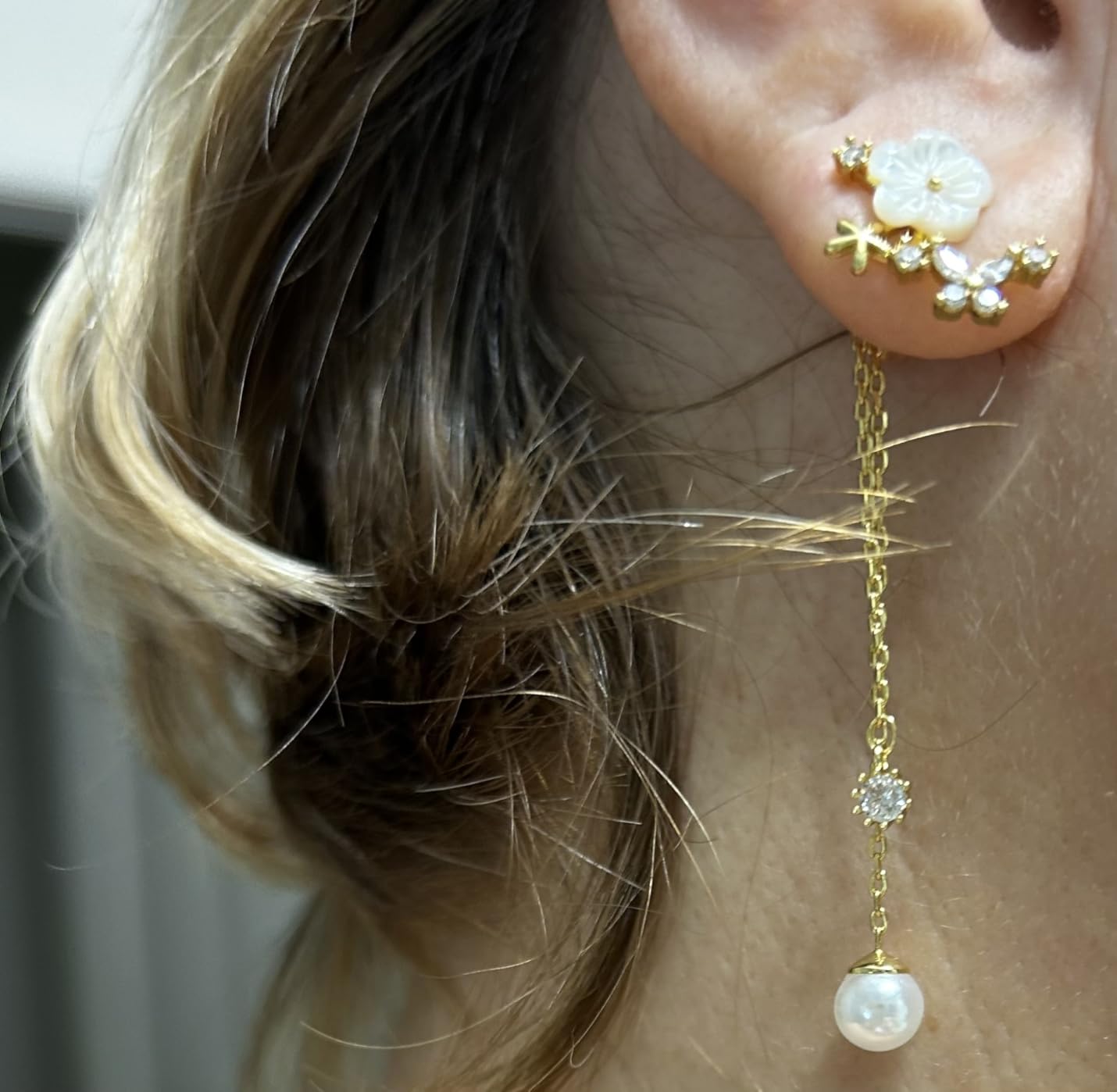 Dangle Pearl Drop Earrings For Women Trendy Long Threader Chain Dainty Flower Wedding Earrings For Brides CZ Cute 14K Gold Statement Sparkly Jewelry customer photo 2