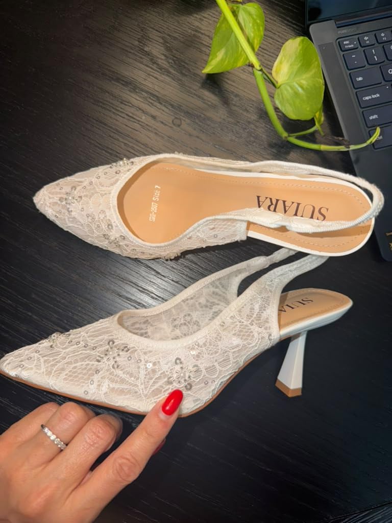 Slingback Wedding Heels for Women Bridal Lace Mesh Kitten Heel Closed Pointed Toe Pearl Pumps Shoes customer photo 2