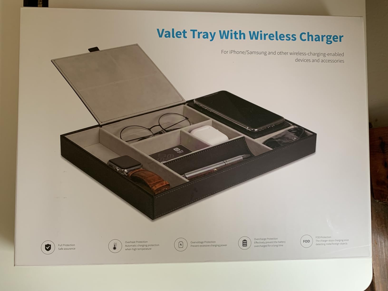 Leather Valet Tray with Wireless Charging Pad - Luxury EDC Nightstand Organizer for Men - Premium Desk Tray for Phone, Watch, Glasses & Keys - Sleek Office Desk Accessories & Gift for Him, Brown customer photo 2