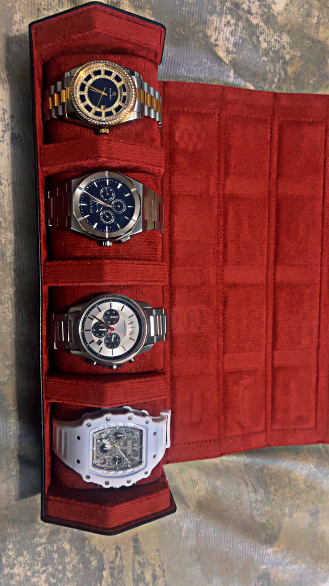 4-Slot Leather Watch Roll Travel Case with Velvet Interior, Black Red - Premium Hexagon Leather, M-Shaped Cushions customer photo 1