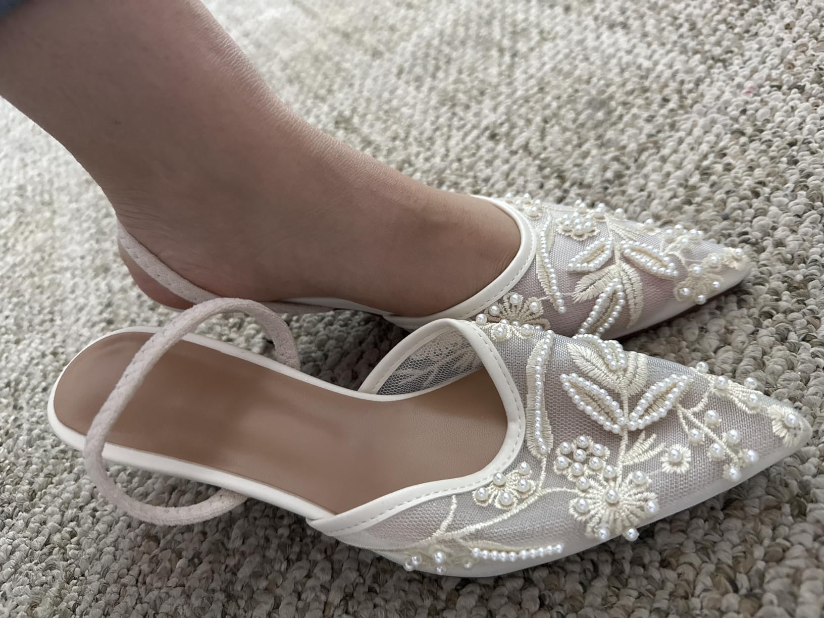 Embroidered Kitten Heels for Women Pointed Toe Mesh Floral Slingback Heeled Sandals With Pearl Slip On Backless Bridal Wedding Sandals Shoes customer photo 2