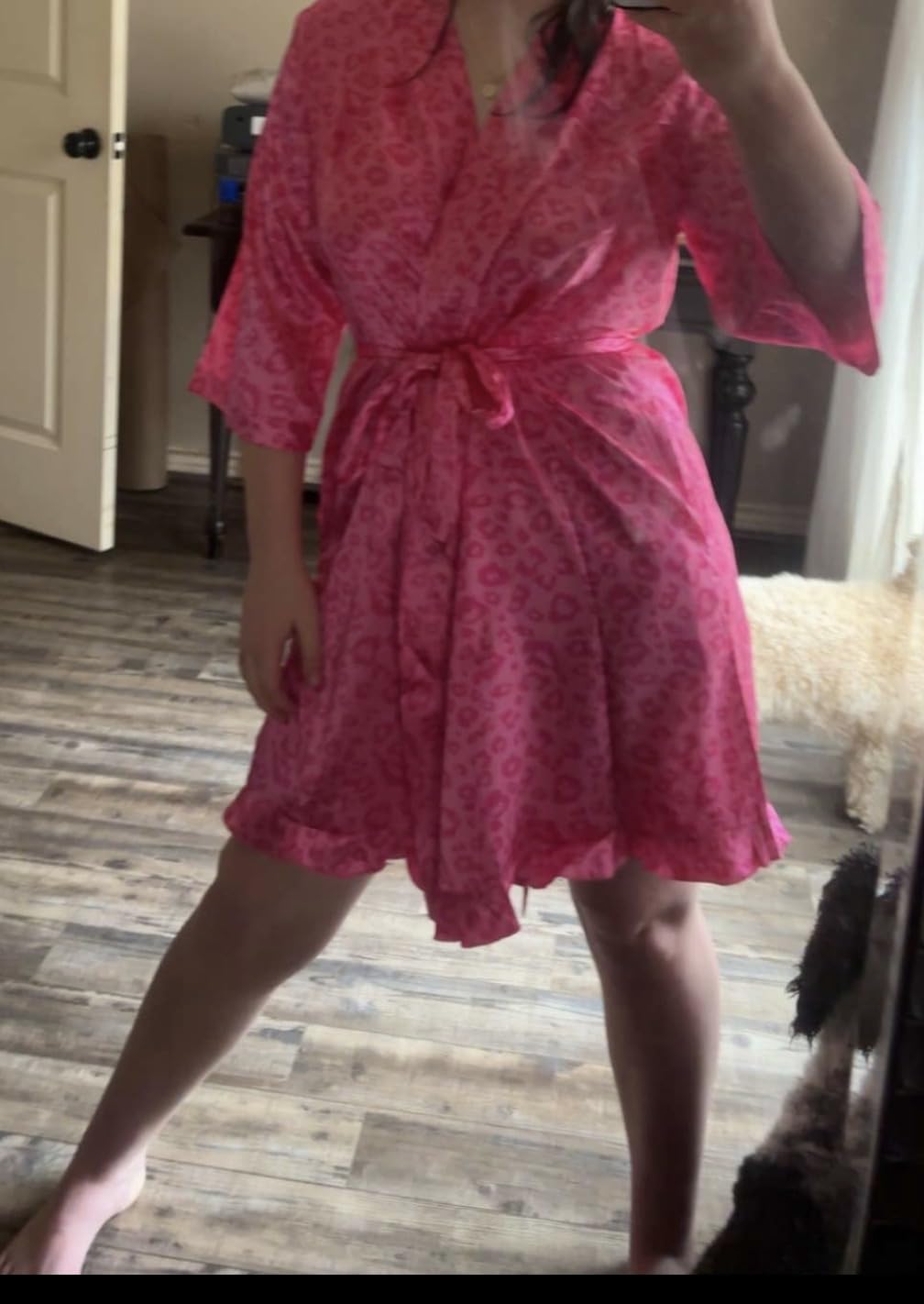 Ekouaer Women's Satin Robes Silk Kimono Bath Robe Short Ruffled Hem Bride Bridesmaid Sleepwear with Pockets customer photo 2