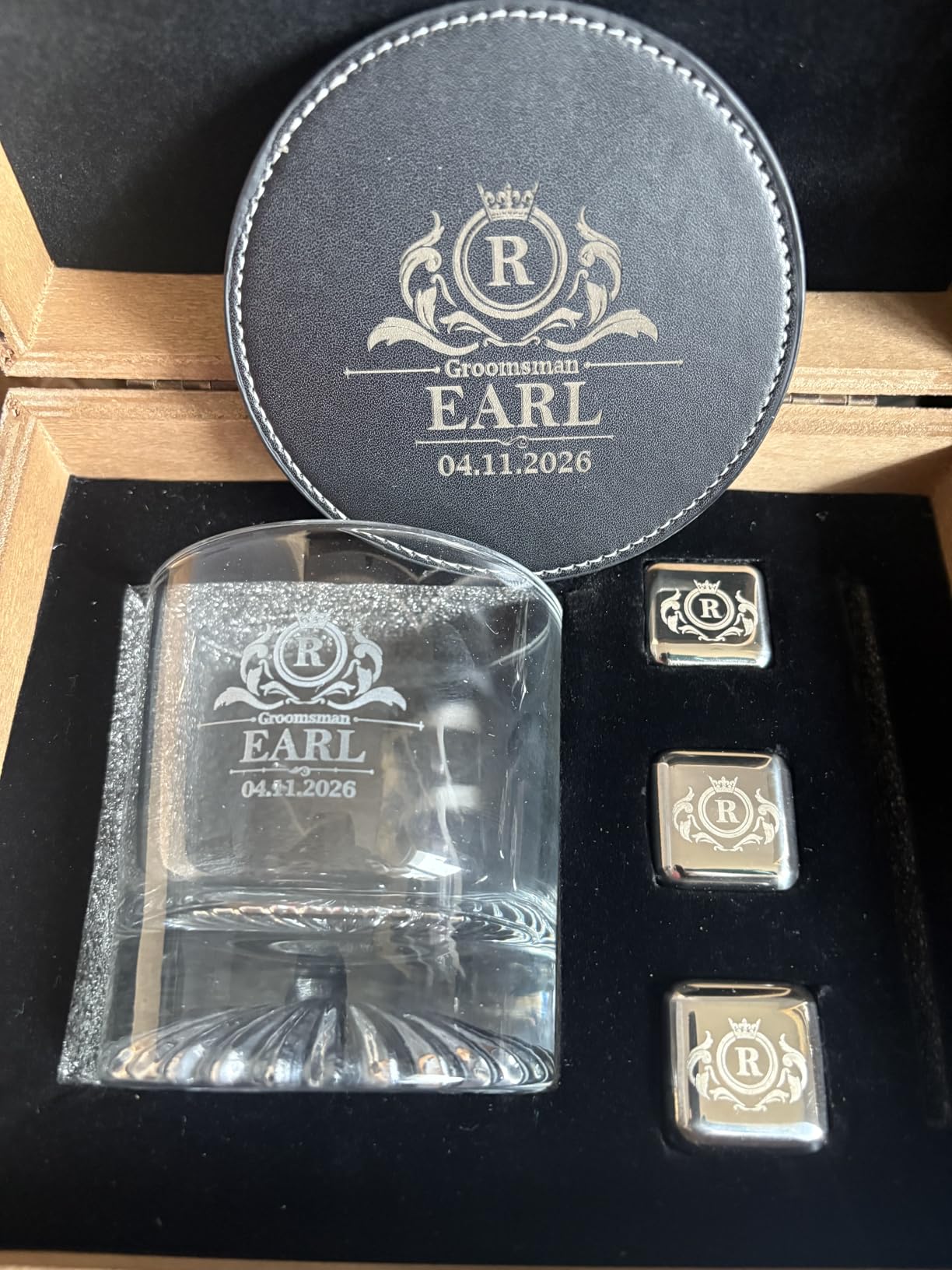 Custom Groomsmen Whiskey Gift Set, Glass Coaster Whiskey Stones Wood Box | Personalized Engraved Glass, Leather Coaster, Stainless Steel Stones, Groom Gift, Bachelor Party Gift, Best Man Gift customer photo 2