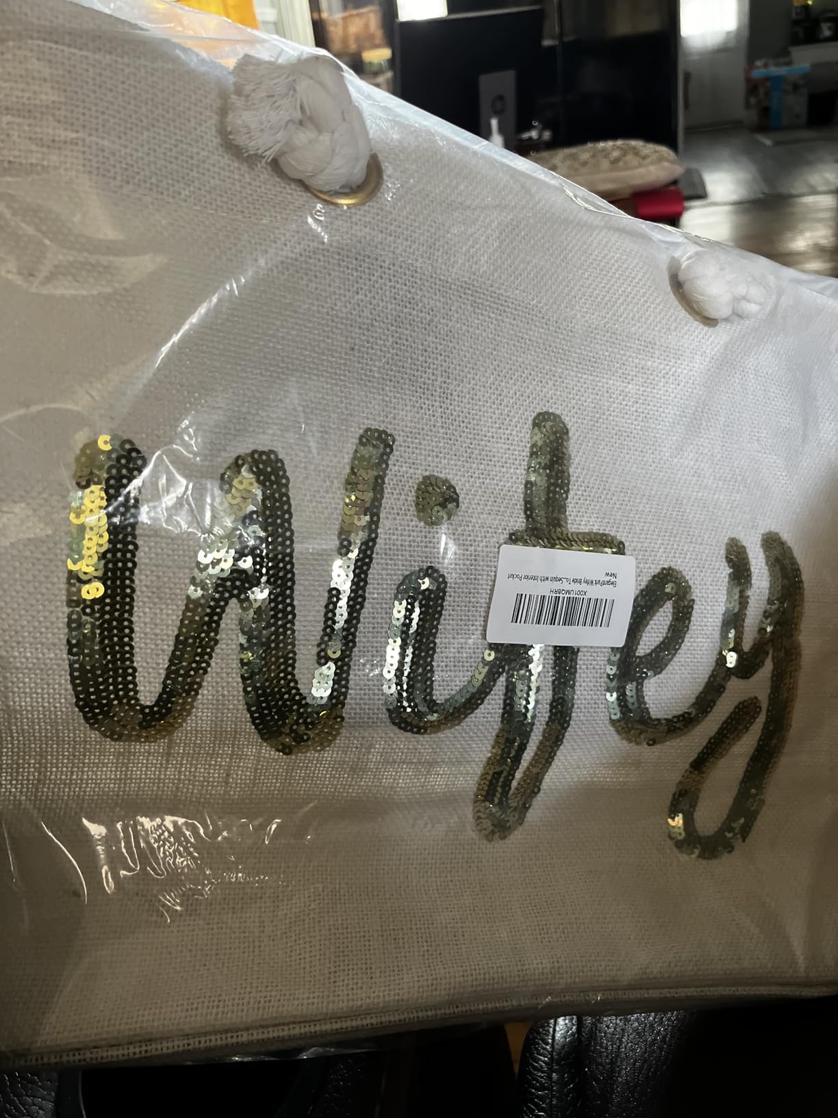 ELEGANTPRAK Wifey Bag Wedding Gifts for Bride Bridal Shower Honeymoon Anniversary Beach Bag Bride to Be Jute Large Tote with Gold Sequin customer photo 1