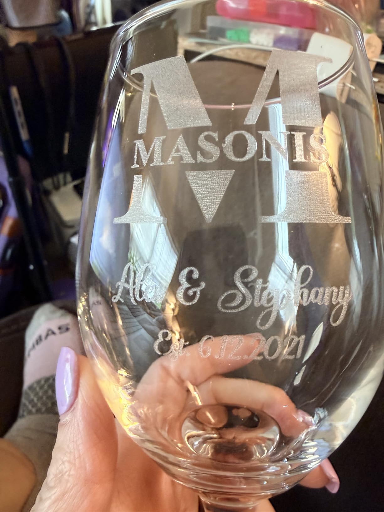 Personalized Mr and Mrs Stemmed Wine Glasses, Set of 2 | 12 engraving designs, permanent laser engraving, dishwasher safe, for weddings, engagements, anniversaries customer photo 1