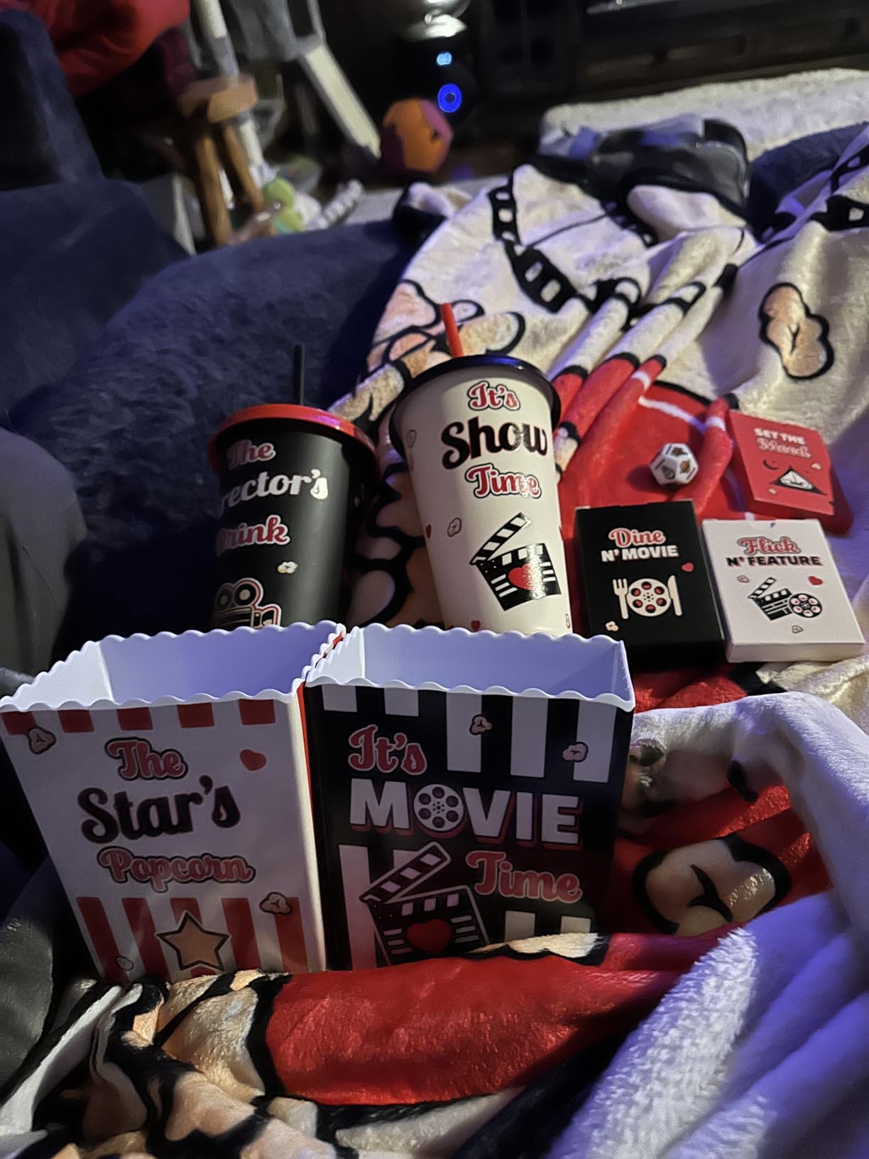 Movie Night Date Night Box for Couples, Perfect Valentines Day Gifts with Couples Blanket, Popcorn Bowl Buckets, Re-usable Cups, Date Night Generator Cards, Movie Genre Dice, Gifts for Movie Lovers customer photo 1