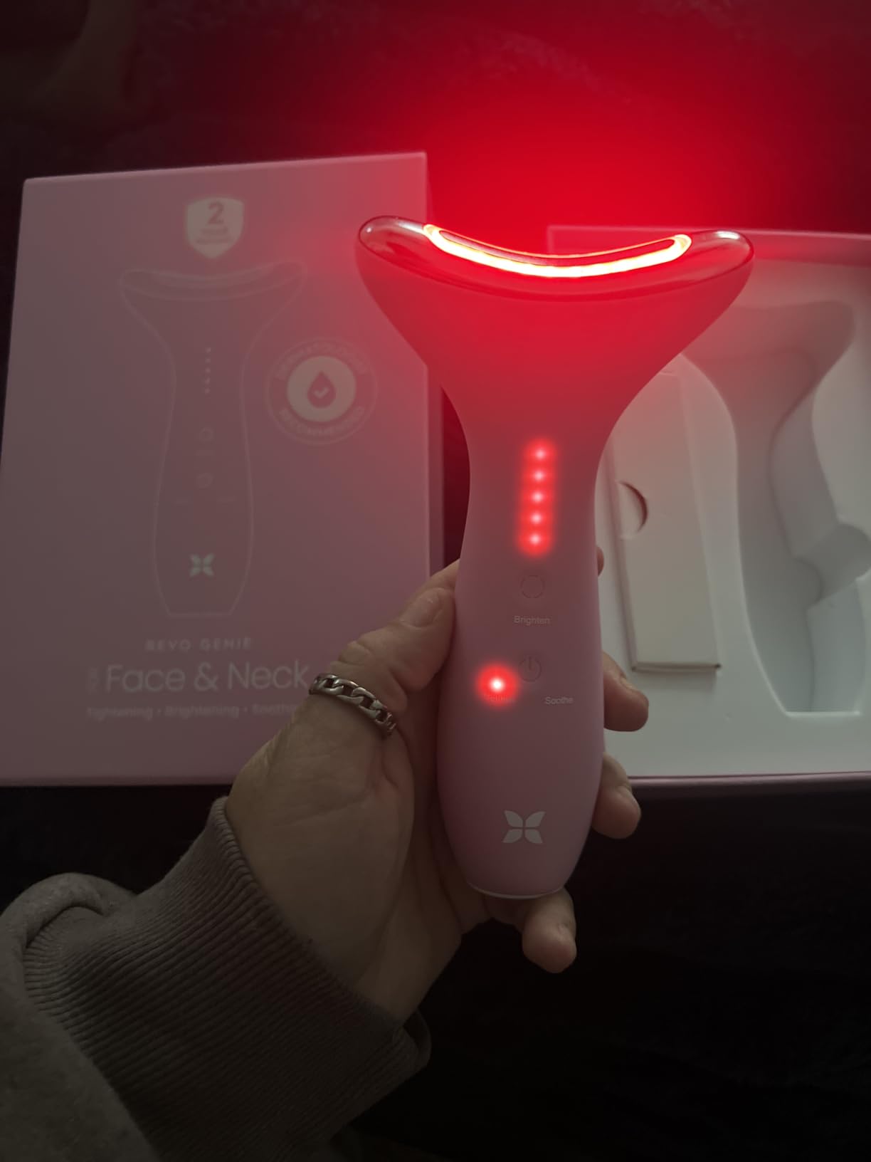 REVO Genie Facial Massager for Face and Neck, LED Beauty Device with Heat and Vibration, Depuffing Sculpting Tool with Red Blue Green Light Modes customer photo 2