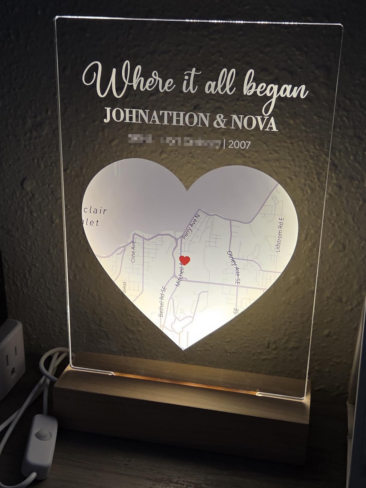 Where It All Began - Custom Satellite Map Plaque | Personalized Couple Gift with Names & Coordinates | Romantic LED Night Light Home Decor | Unique Love Keepsake for Him or Her customer photo 1