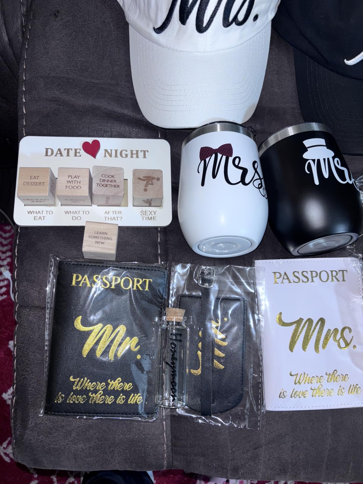 Wedding Gifts for Couple 2026, Personalized Mr & Mrs Gifts with 12 Oz Tumblers Hats Tote Bag Passport Holders Baggage Tags Dice for Honeymoon Travel, Engagement, Newlyweds, Bridal Shower, Anniversary customer photo 1