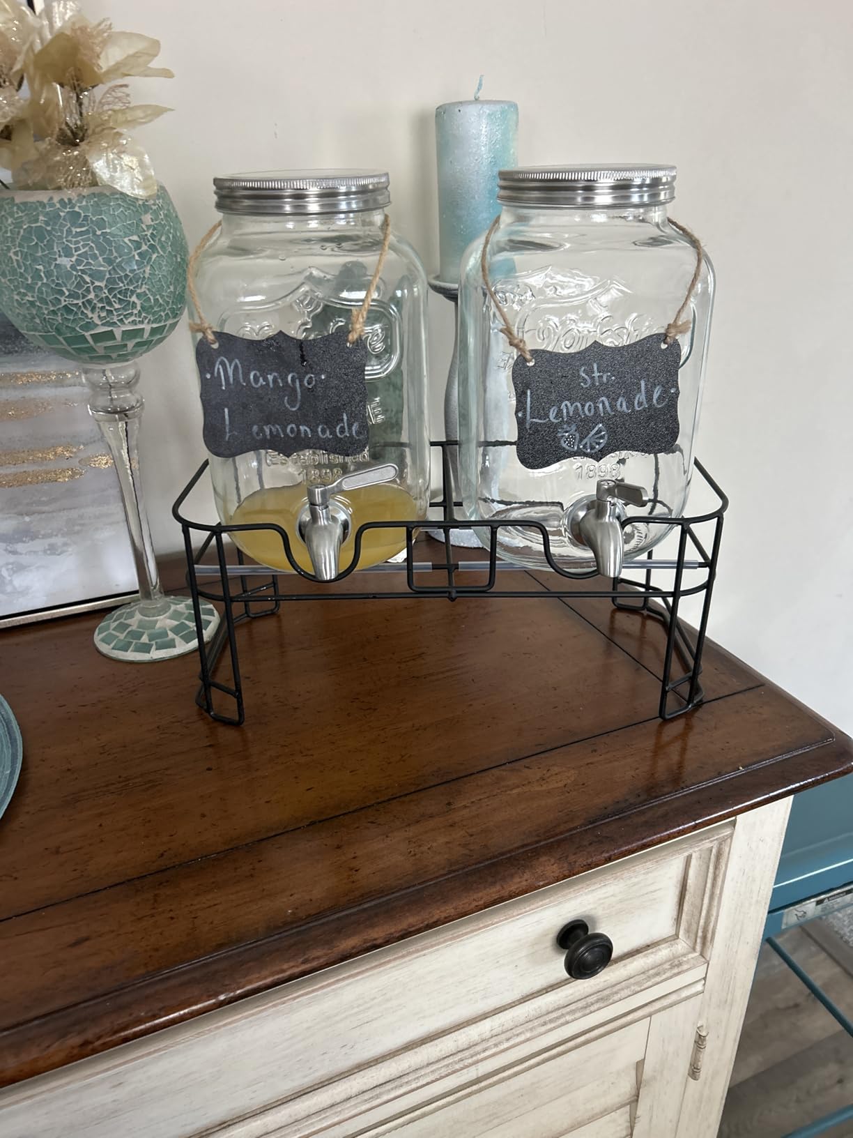 KIKCOIN 1 Gallon Glass Drink Dispensers for Parties, 2 Pack Leakproof Beverage Dispenser with Stand & 18/10 Stainless Steel Spigot & Filter - Dishwasher Safe customer photo 2