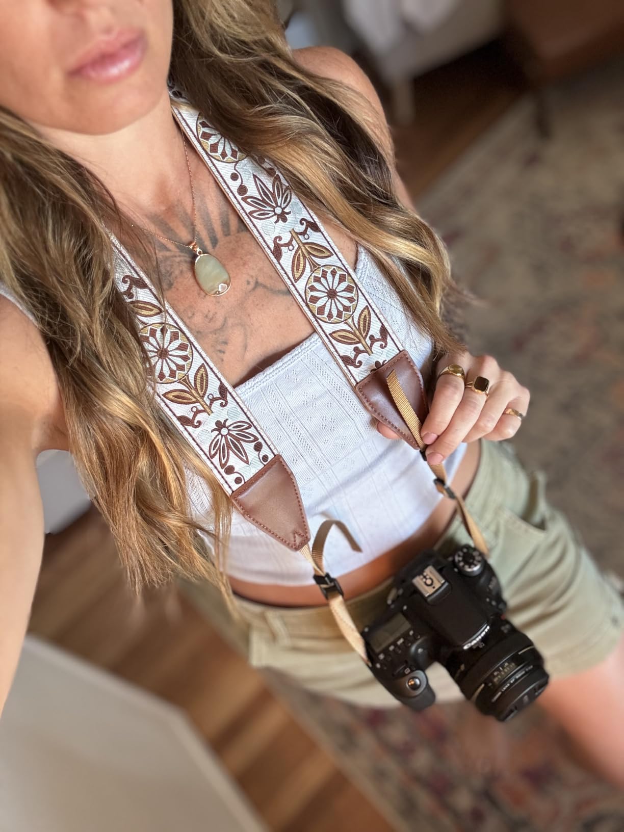 Art Tribute Camera Strap - Shoulder, Crossbody & Neck Camera Strap for Photographers, Fits All Cameras, Canon Nikon Sony Fujifilm, Padded Strap W/Quick Release, Embroidered Cotton & Leather Ends, Red customer photo 1