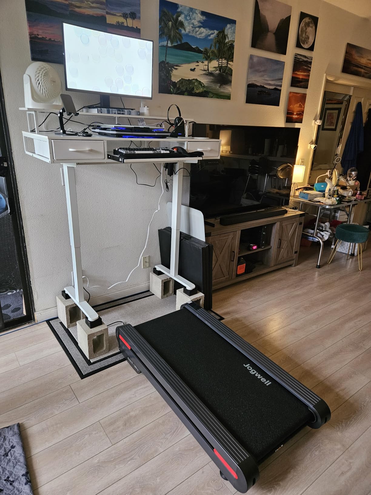 AODK Electric Standing Desk with Drawers & Keyboard Tray, 55 Inch Height Adjustable Gaming Desk with Power Outlets & LED Lights, Sit Stand Table with Monitor Stand for Home, Office, Rustic Brown customer photo 1