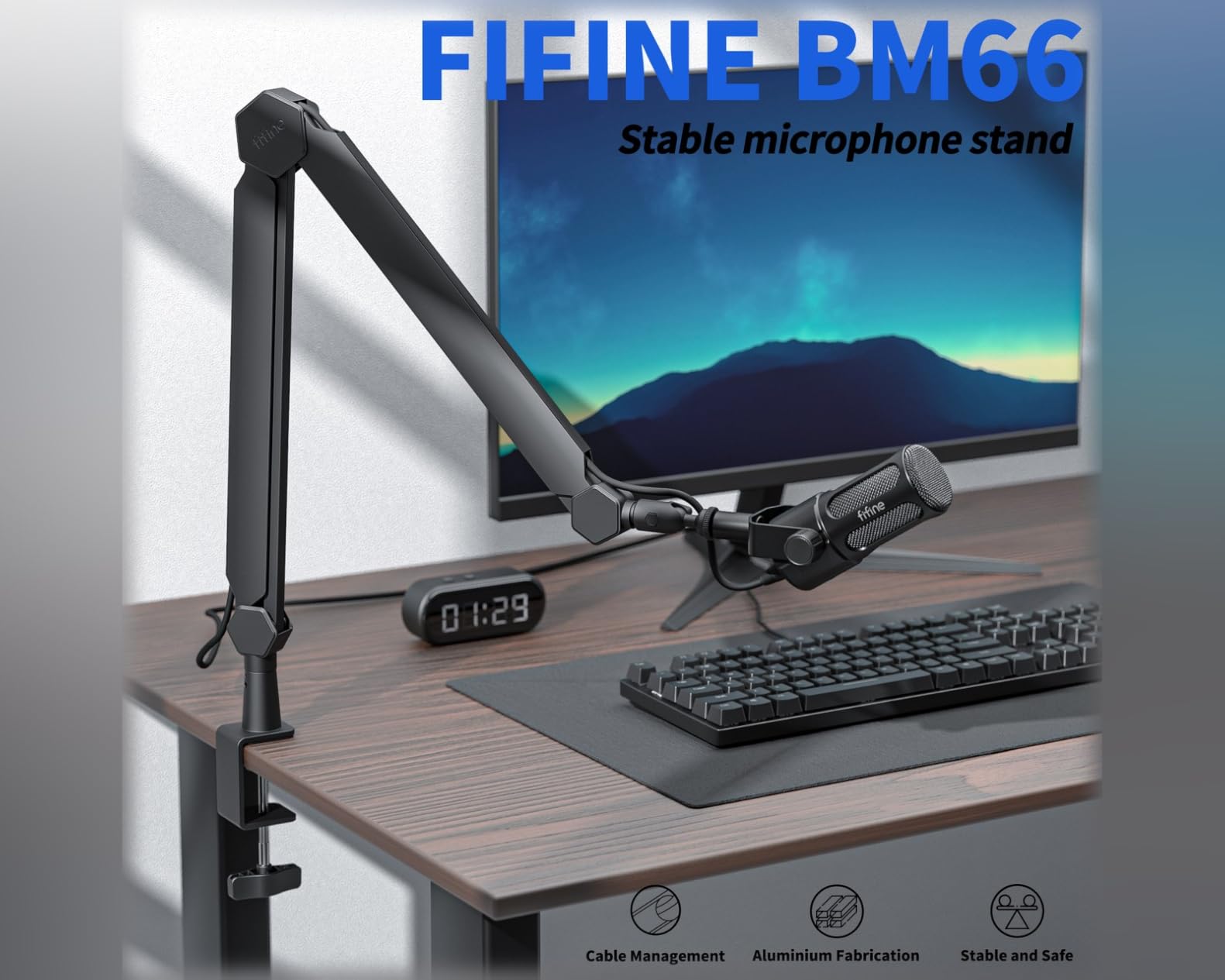 FIFINE BM66 Heavy Metal Microphone Boom Arm Stand for Podcast Recording | Mic Arm Stand, Desk Clamp, Cable Channels, 3/8