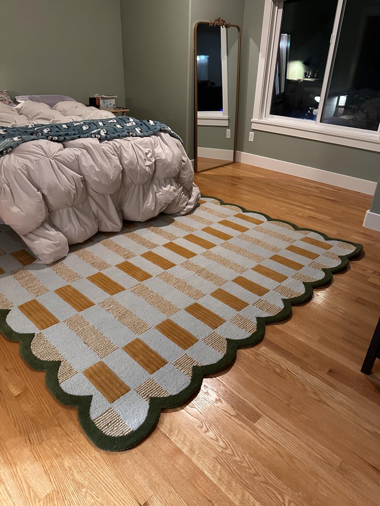 Hand Tufted Checkered 100% Wool Area Rug with Scalloped Edges - 8x10 Ft, Light Blue/Mustard/Beige, Plush Pile Carpet customer photo 1