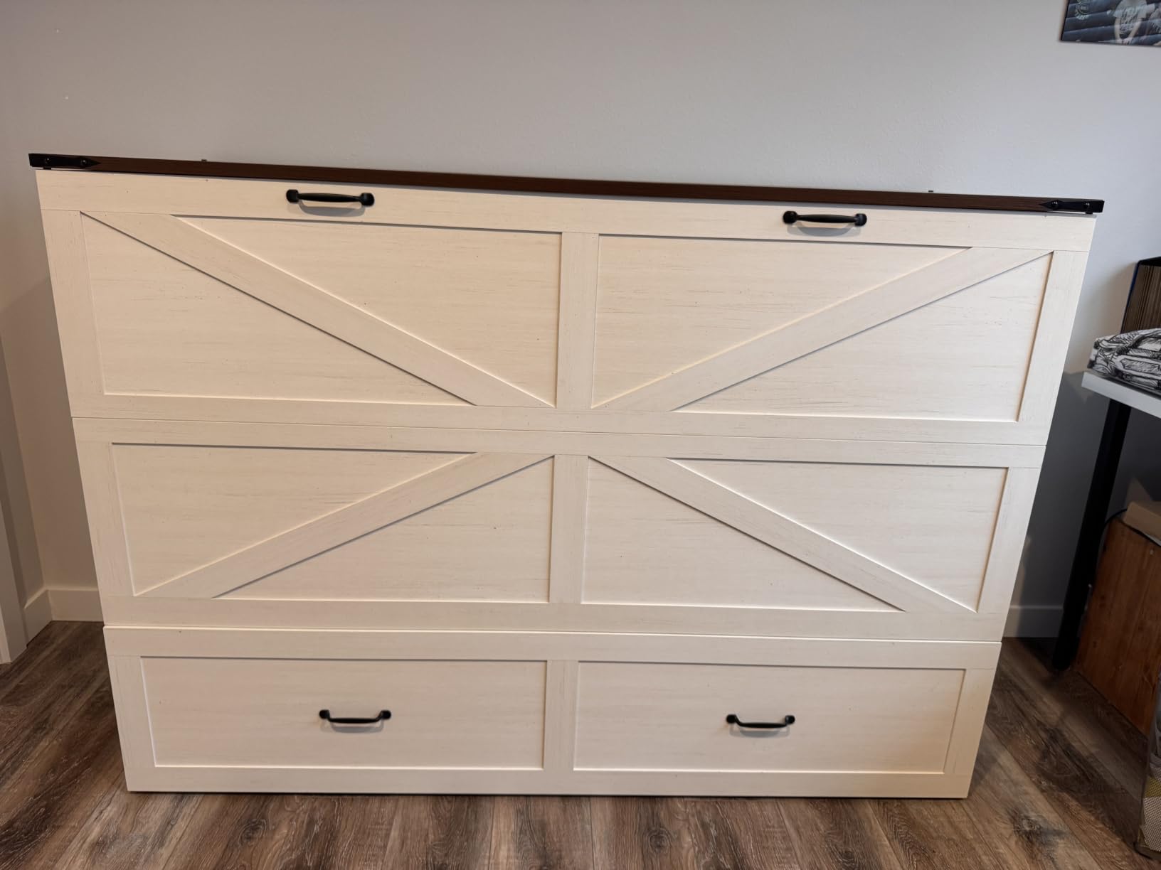 Hlivelood Queen Size Murphy Chest Bed with Drawer and Charging Station, Farmhouse Wood Space-Saving Hidden Folding Bed Chest, Multifunctional Storage Cabinet Beds for Bedroom, Office, Rustic White customer photo 2
