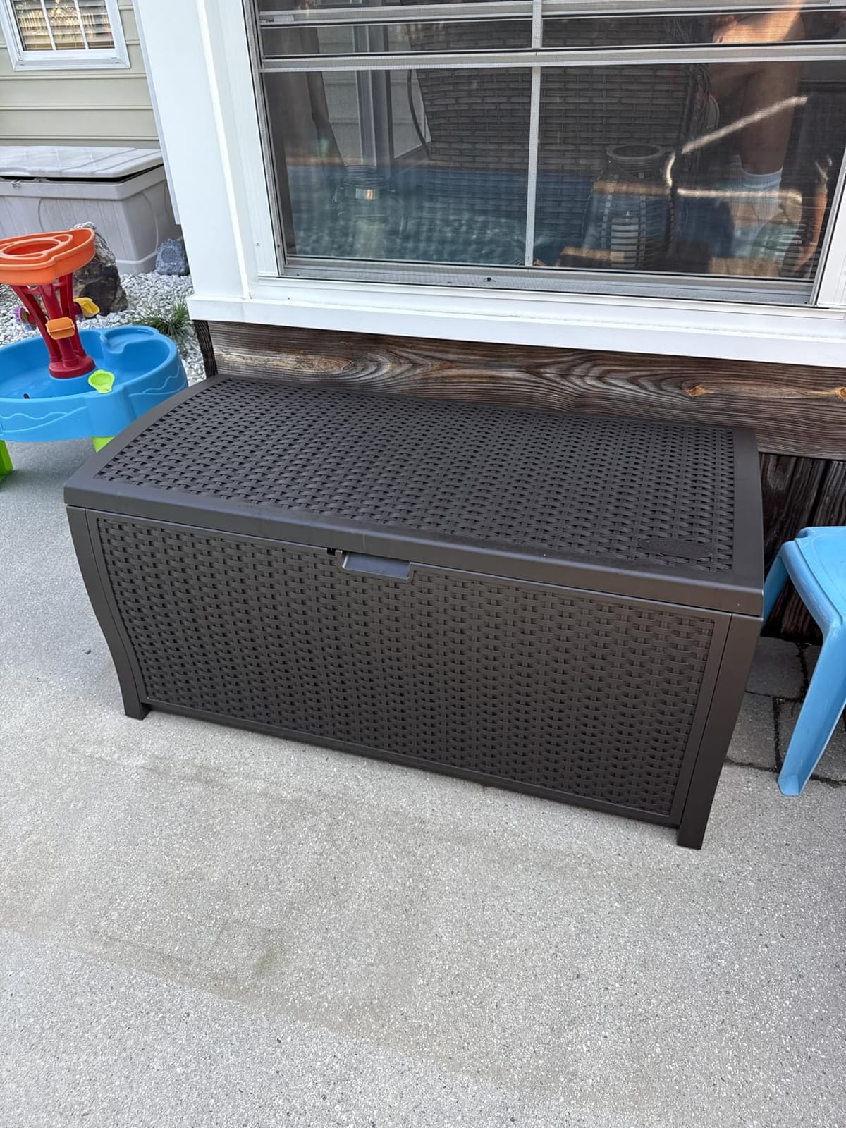 Suncast 99 Gal Wicker Resin Deck Box, Storage Chest Bin with Handles, Java customer photo 1