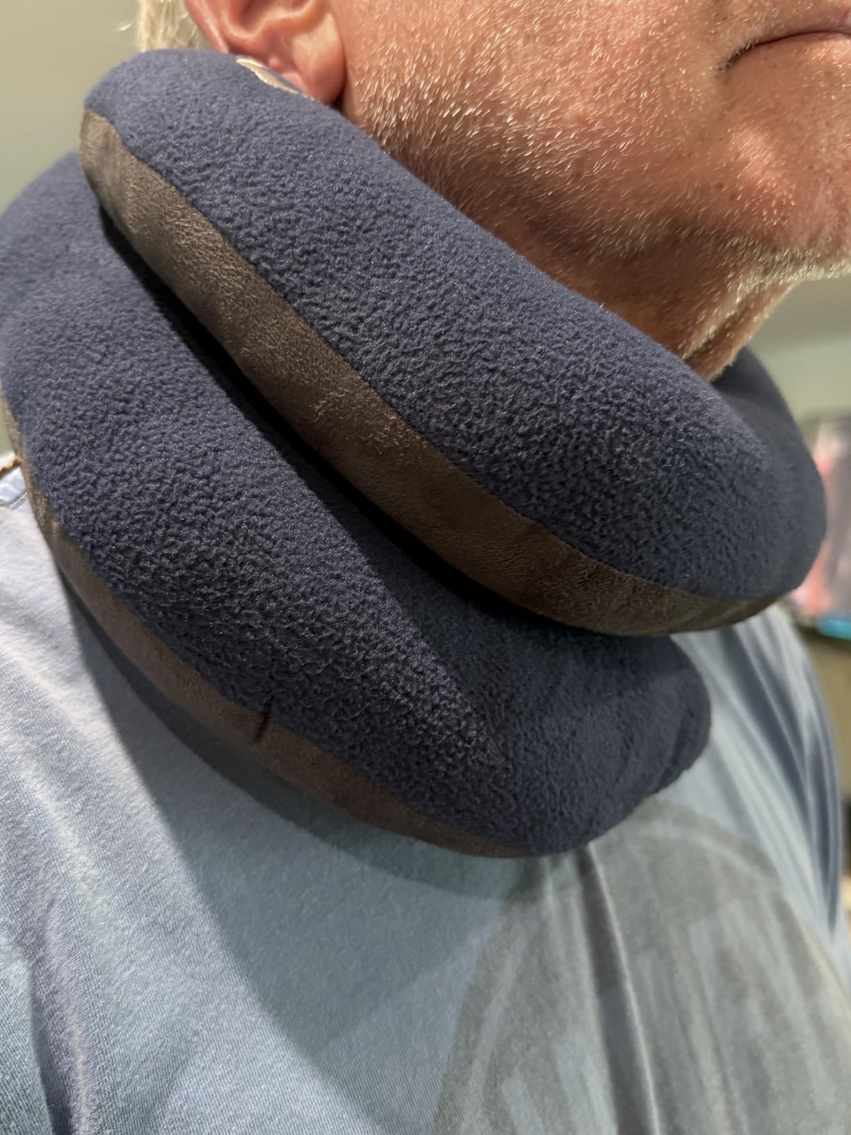 BCOZZY Travel Neck Pillow for Airplane – Patented Double Support for Head, Neck, and Chin. Best for Long Flights, Plane Sleeping, and Car Rides. Adjustable Size. Fully Washable. Carry Bag. Large, Navy customer photo 2