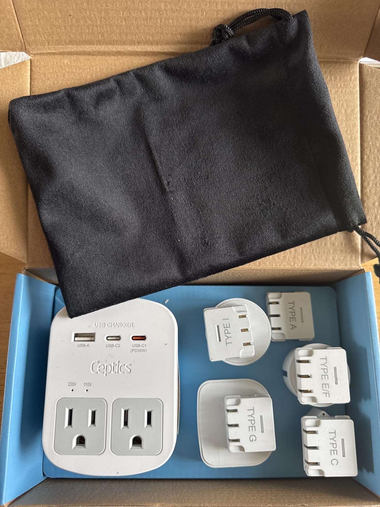 Ceptics 35W Universal Travel Adapter Kit – 2 USA sockets, USB-A, USBC, 1x PD 35W USB-C and USBC Cable, Surge Protected, Plugs for EU, UK, China, AU, Japan - for Laptop, Phone, Camera-ETL Tested customer photo 1