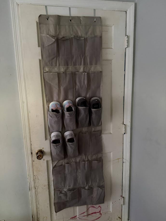 Amazon Basics 24 Medium Mesh Pocket Over-the-Door Hanging Shoe Organizer, Space Saving Shoe Storage, Light Grey customer photo 1