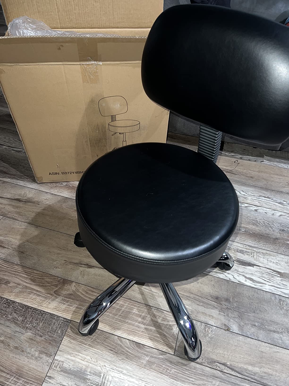 Amazon Basics Multi-Purpose Drafting Spa Bar Stool with Back Support, Upholstered, and Wheels, Black, 22.72