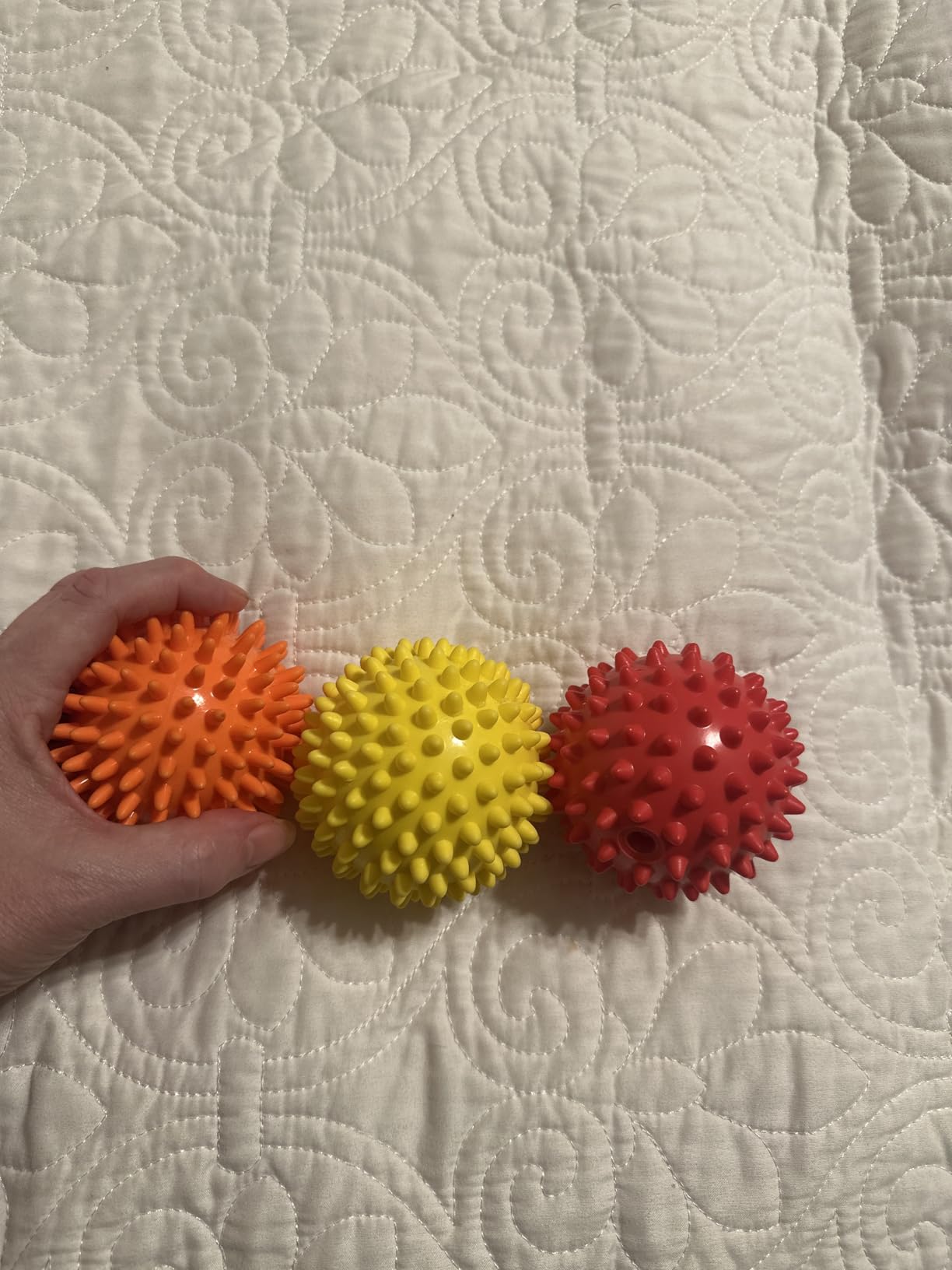 Spiky Massage Balls for Feet, Back, Hands, Muscles - Firm, Medium and Soft Spiked Massager Rollers for Plantar Fasciitis, Exercise, Neuro-Balance, Physical Therapy, 3-inch customer photo 1