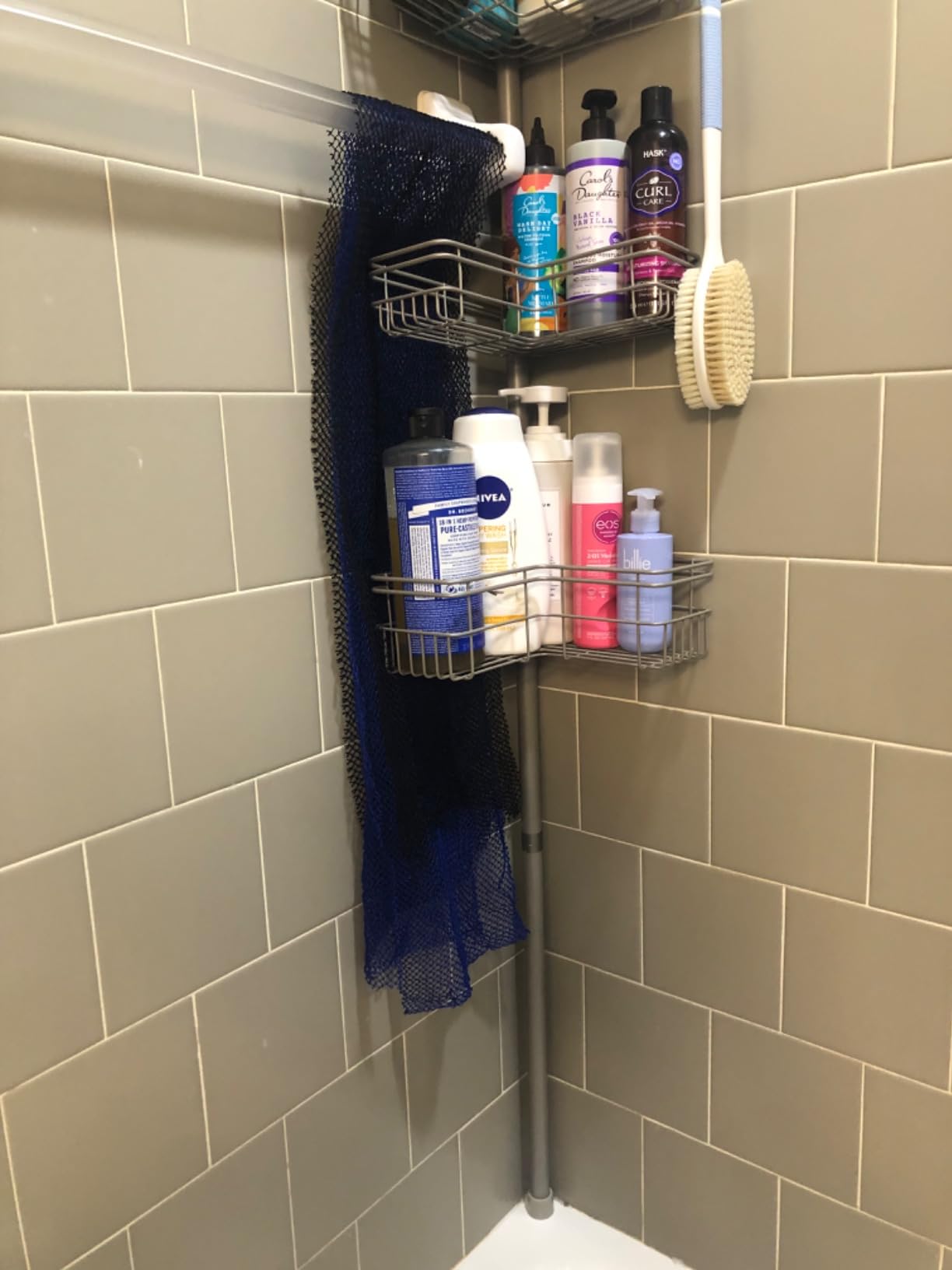 Zenna Home Tension Pole Shower Caddy Corner Organizer, Adjustable Standing Shower Caddy with 4 L-shaped Baskets and Hooks, Rust Resistant Bathroom Tension Rod Organizer, 60 to 97 Inch, Satin Nickel customer photo 2
