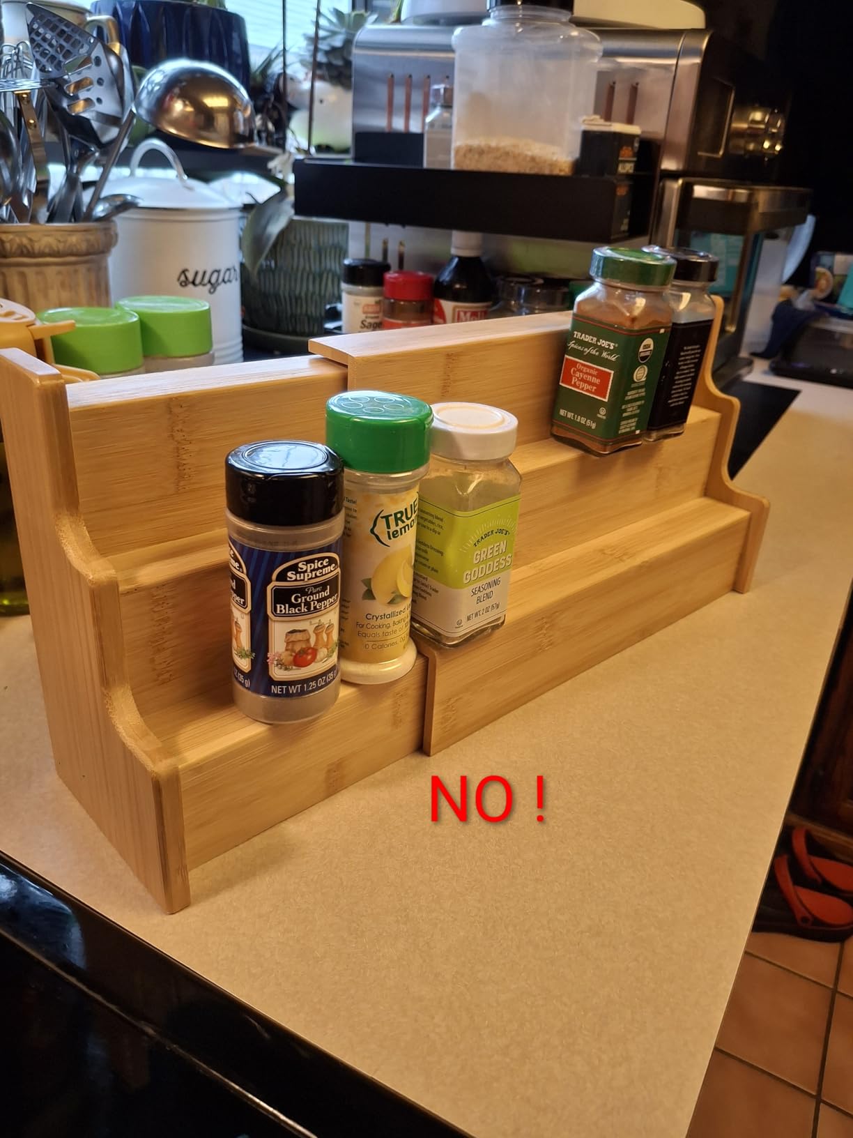 Spice Rack Kitchen Cabinet Organizer- 3 Tier Bamboo Expandable Display Shelf Yellow customer photo 1