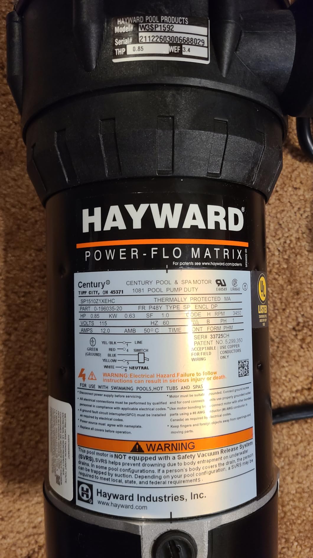 Hayward PowerFlo Matrix Pump – W3SP1592 – 1 HP with Industrial Basket & Thermal Overload Protection customer photo 2