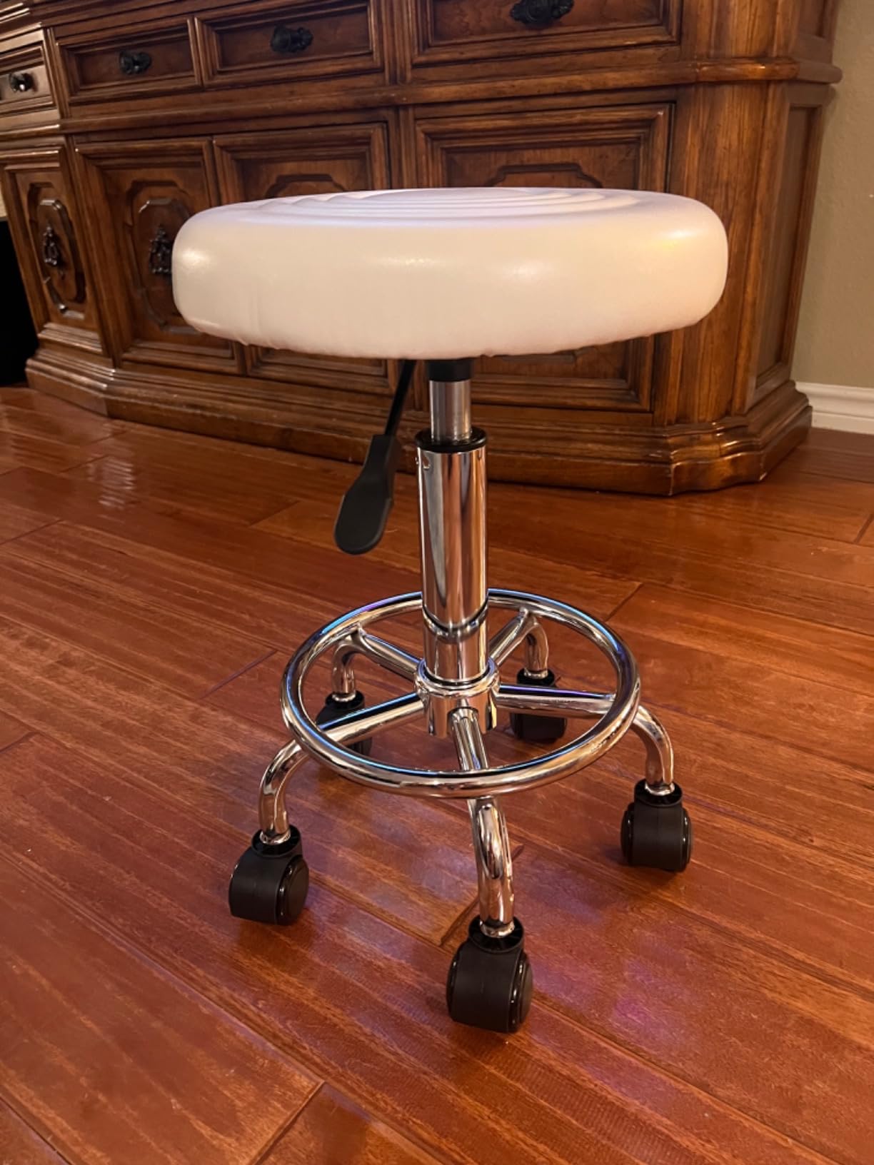 KKTONER PU Leather Modern Round Rolling Stool with Footrest Height Adjustable Spa Drafting Salon Tattoo Work Massage Stools Task Chair Small (White) customer photo 1
