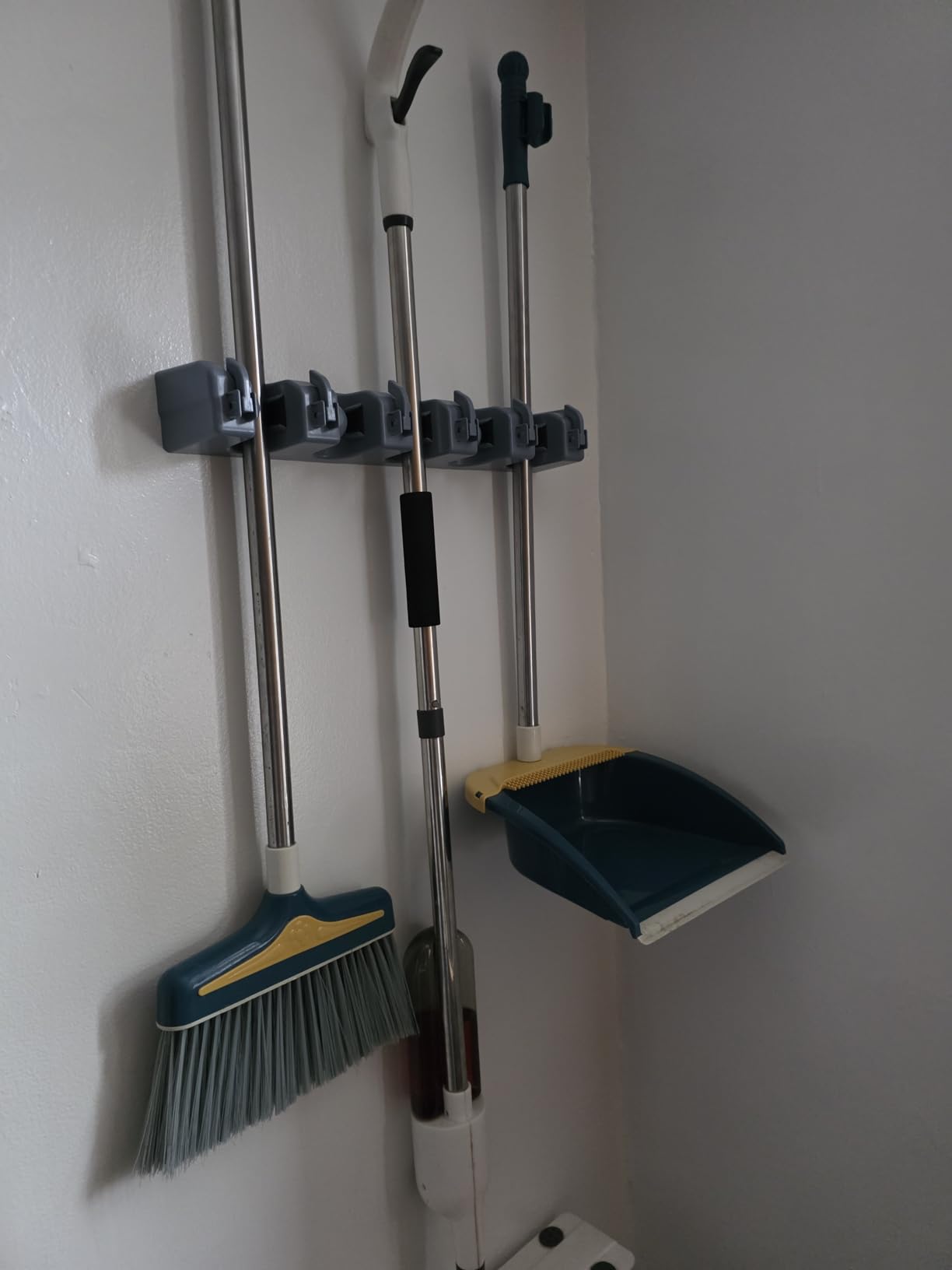 Amazon Basics Rectangular Heavy Duty Wall Mount Broom and Mop Holder, Sturdy Tool Organizer with Hooks and Slots for Garage, Garden, Laundry, Kitchen Organization, 2.36 x 16.9 x 3.35 in, Gray customer photo 1