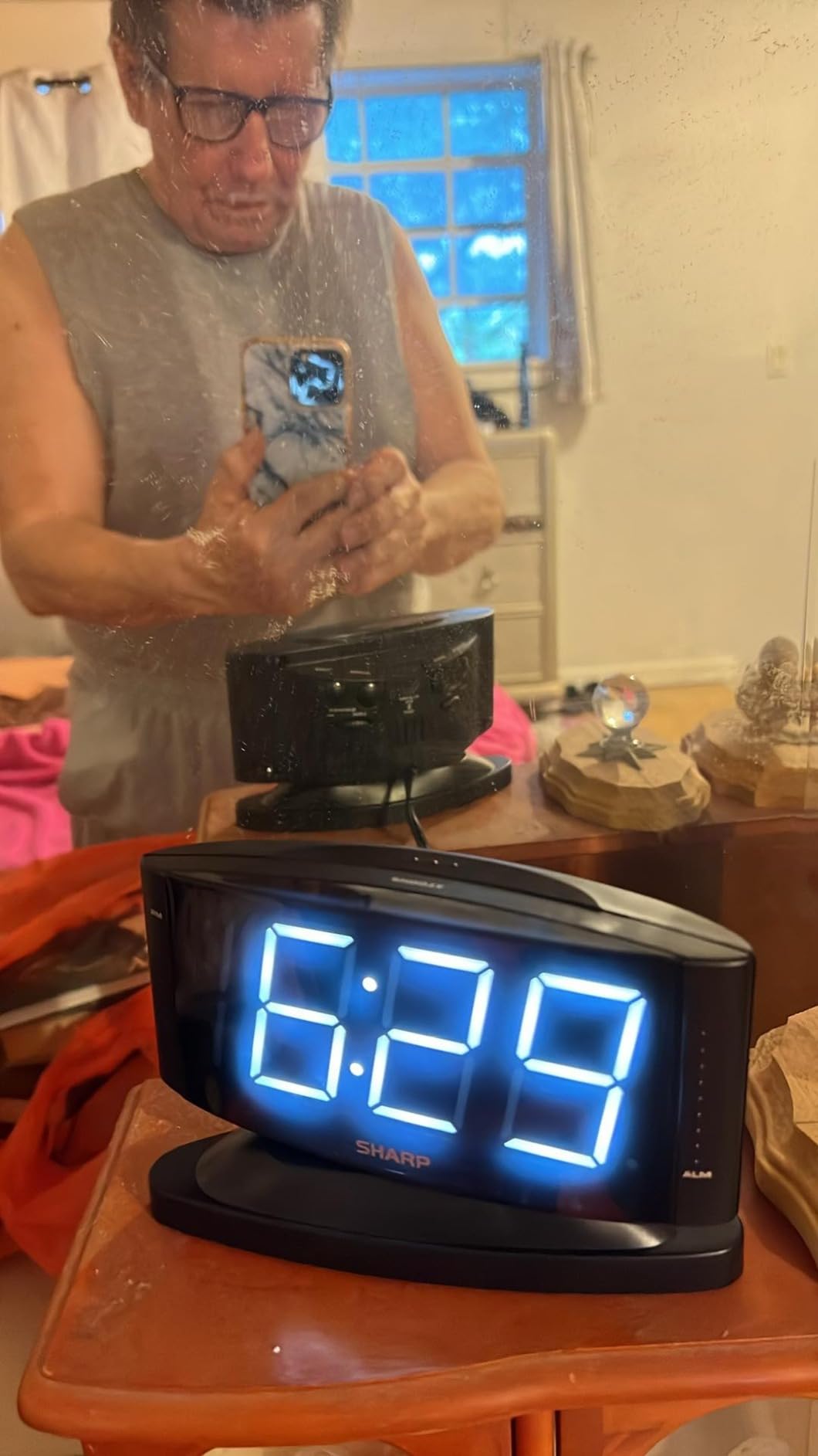Sharp Digital Alarm Clock with Swivel Base, Green LED, Dimmer, Silver customer photo 1