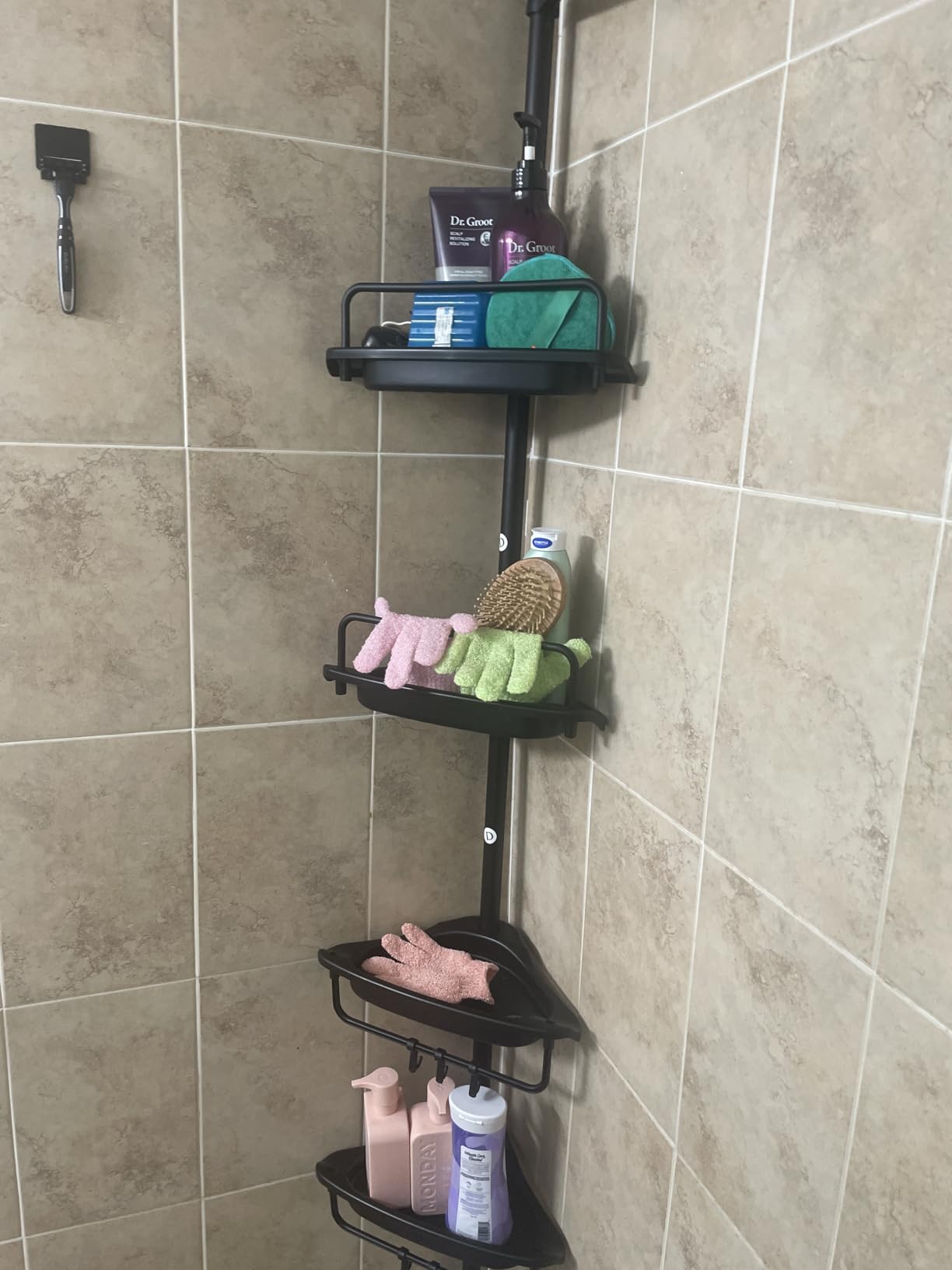 ALLZONE Corner Shower Caddy Tension Pole, Extendable Rustproof Stainless Steel Pole & 4-Tier Adjustable Shelves for Easy Drainage and Built-to-Last Stability, 34 to 116 Inches, Black customer photo 2
