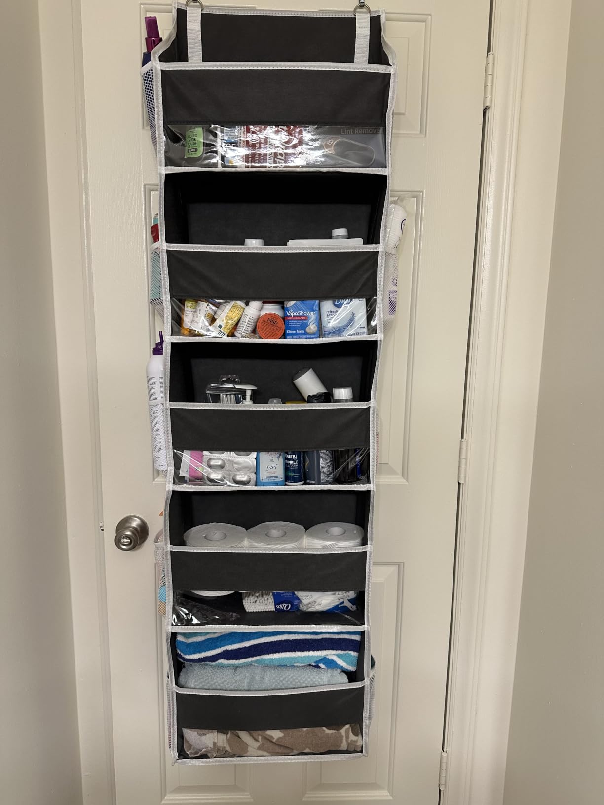 ULG 1 Pack Over Door Organizer with 5 Large and 10 Mesh Side Pockets, 44 lbs Weight Capacity Hanging Storage with Clear Window Kids Toys, Shoes, Diapers, Dark Grey, 5 Layers customer photo 1