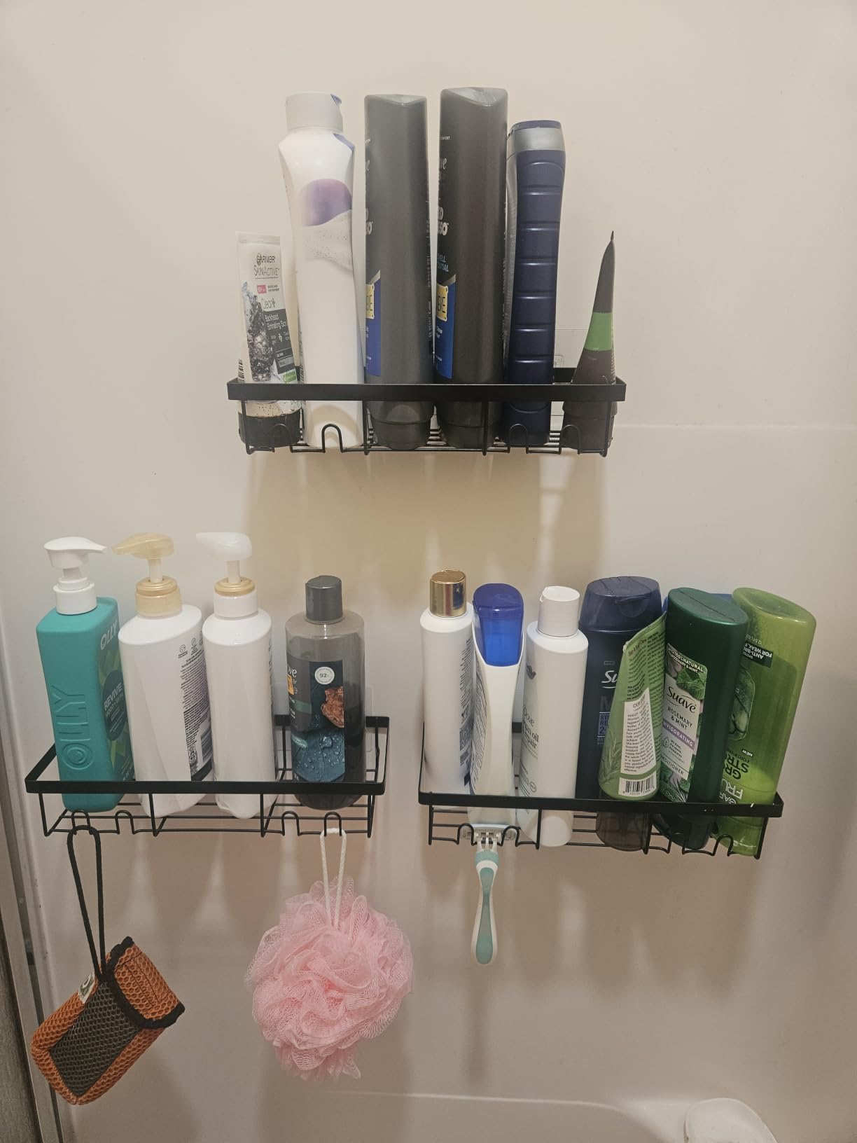 Moforoco Shower Caddy Shelf Organizer Rack, Self Adhesive Black Bathroom Shelves Basket, Home Farmhouse Wall Inside Organization and Storage Decor Rv Accessories, First Camper Apartment Essentials customer photo 2