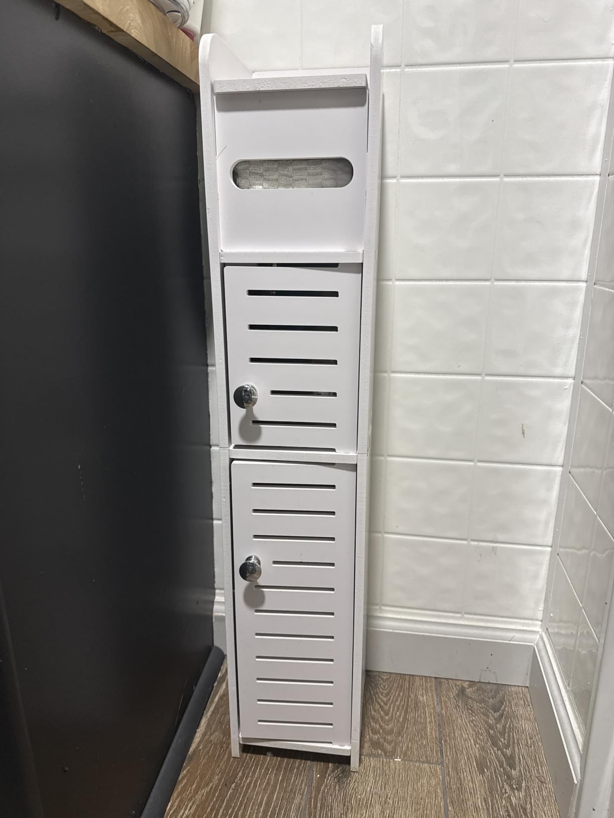 TuoxinEM Storage Cabinet for Small Spaces, Over The Toilet Cabinet for Skinny Bathroom Storage Corner Floor, Slim Paper Holder with 2 Doors & Shelves (White) customer photo 1